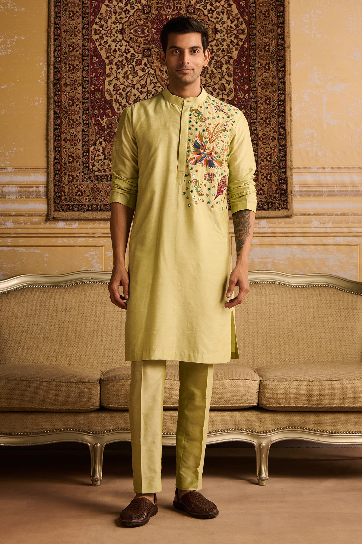 MINT GREENT COSMIC FLORAL EMBROIDERED KURTA WITH MINT GREEN PANTS