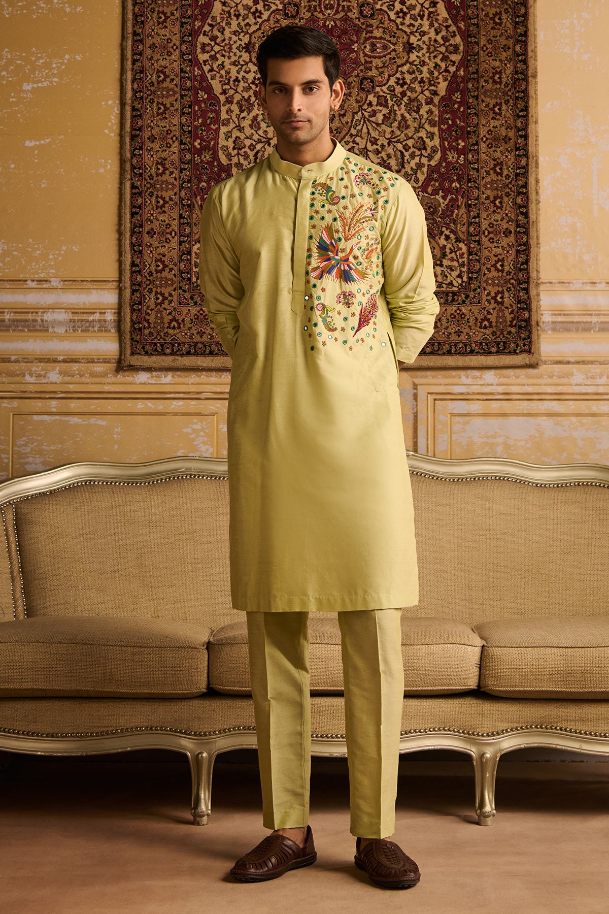 MINT GREENT COSMIC FLORAL EMBROIDERED KURTA WITH MINT GREEN PANTS