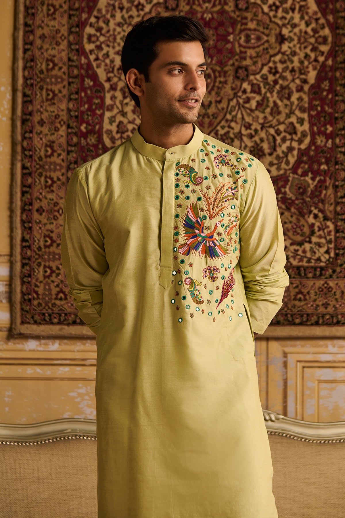 MINT GREEN COSMIC FLORAL EMBROIDERED KURTA WITH MINT GREEN PANTS