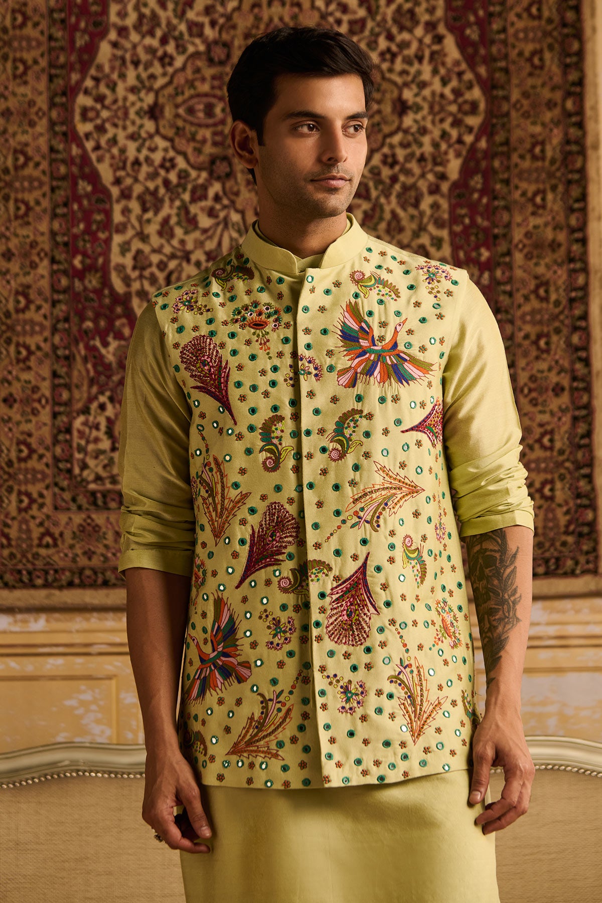 MINT GREENT COSMIC FLORAL EMBROIDERED KURTA, BUNDY WITH MINT GREEN PANTS