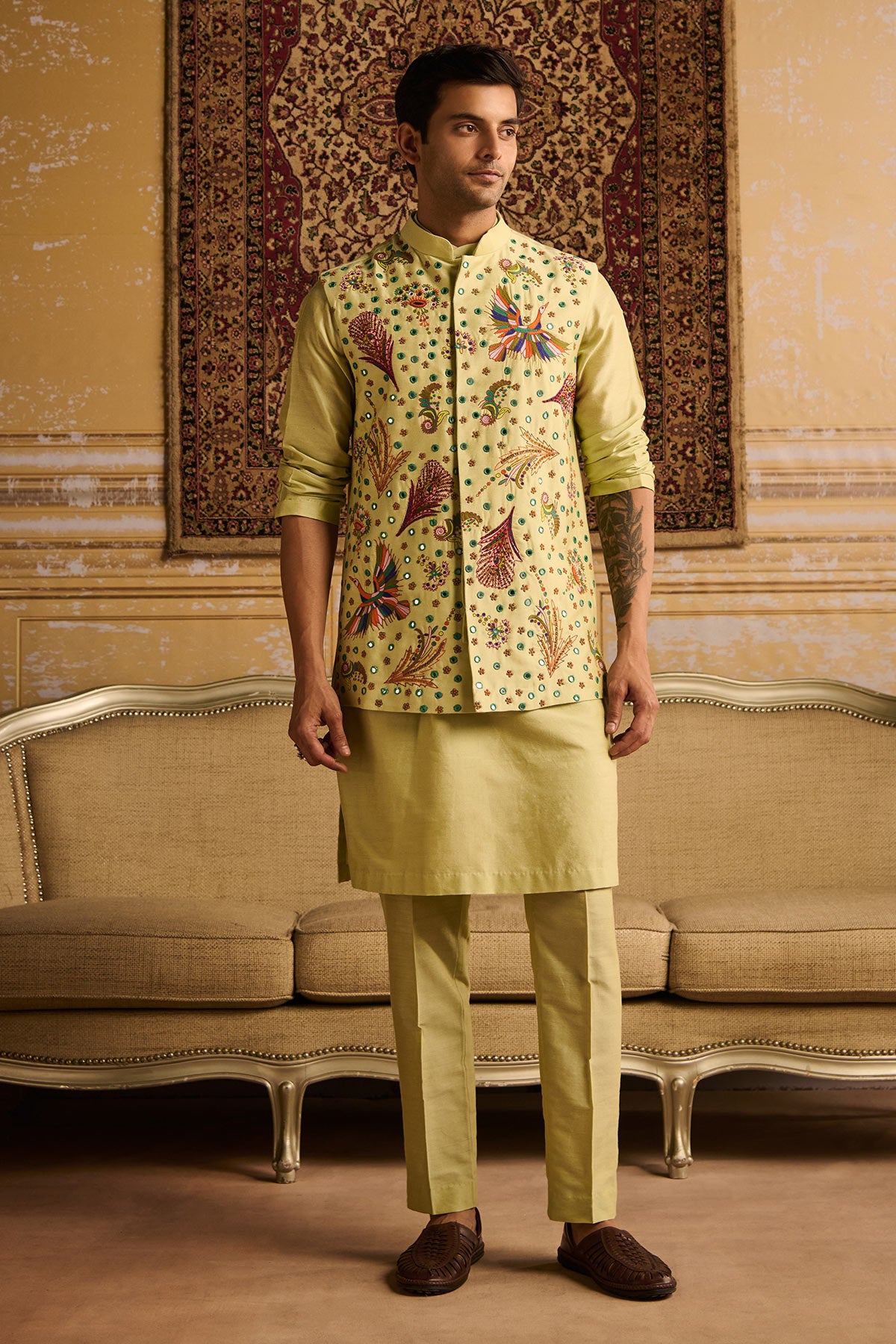 MINT GREEN COSMIC FLORAL EMBROIDERED KURTA, BUNDY WITH MINT GREEN PANTS