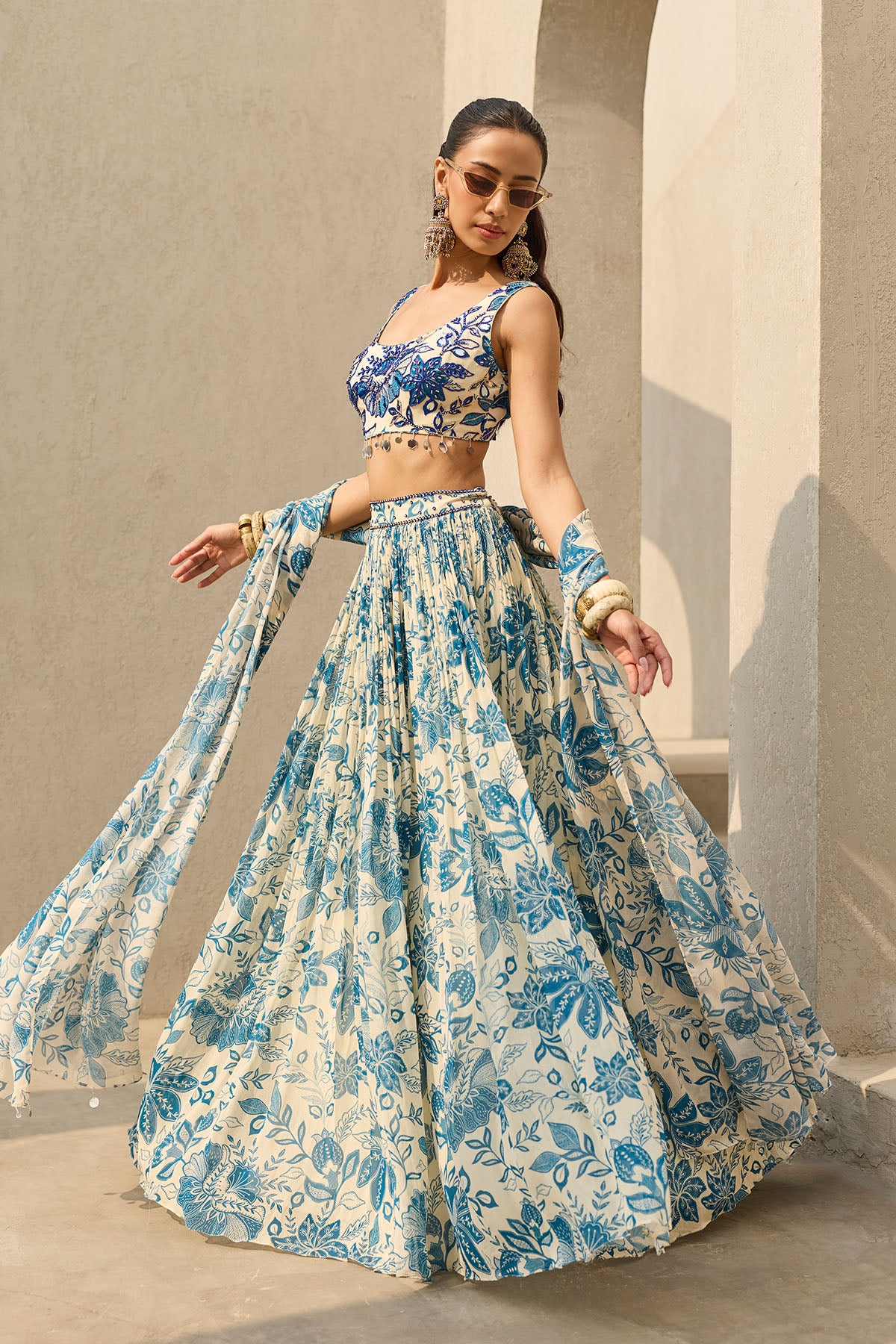 IVORY & BLUE FLORAL PRINTED LEHENGA SET