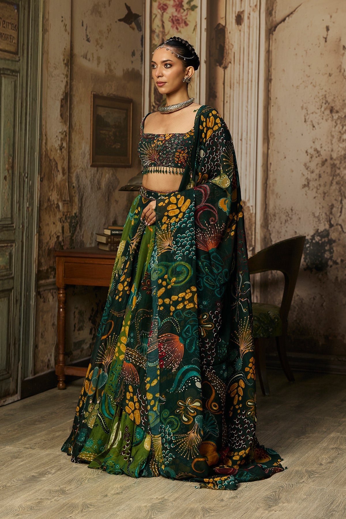 Dark Green Dual Printed And Highlighted Lehenga Set