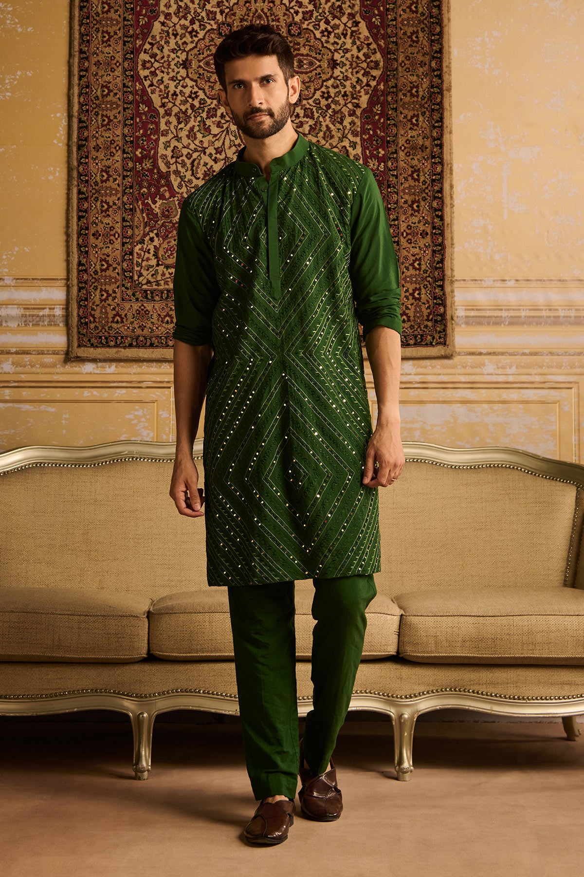 OLIVE GREEN THREAD & MIRROR EMBROIDERED KURTA WITH OLIVE GREEN PANTS