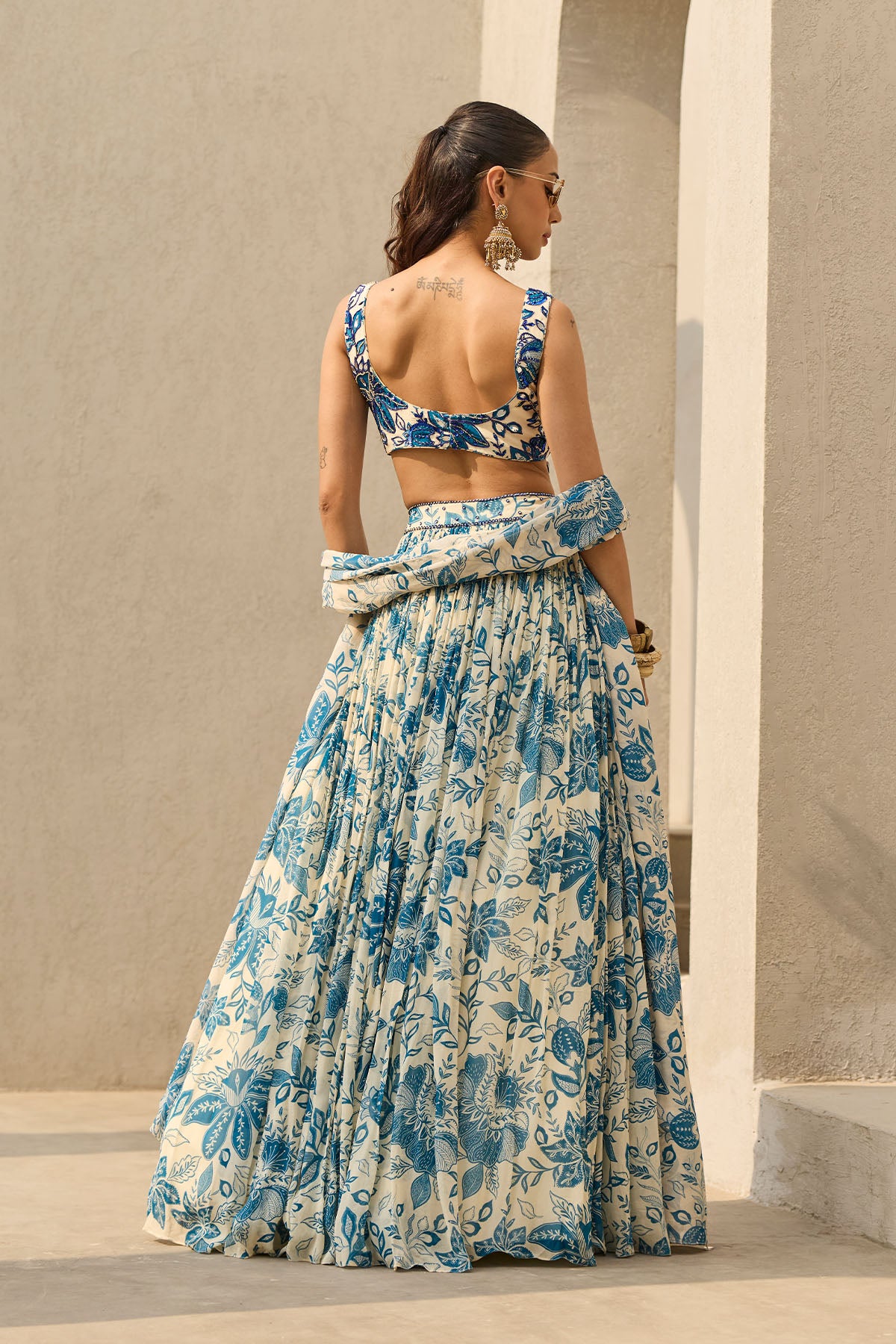 IVORY & BLUE FLORAL PRINTED LEHENGA SET