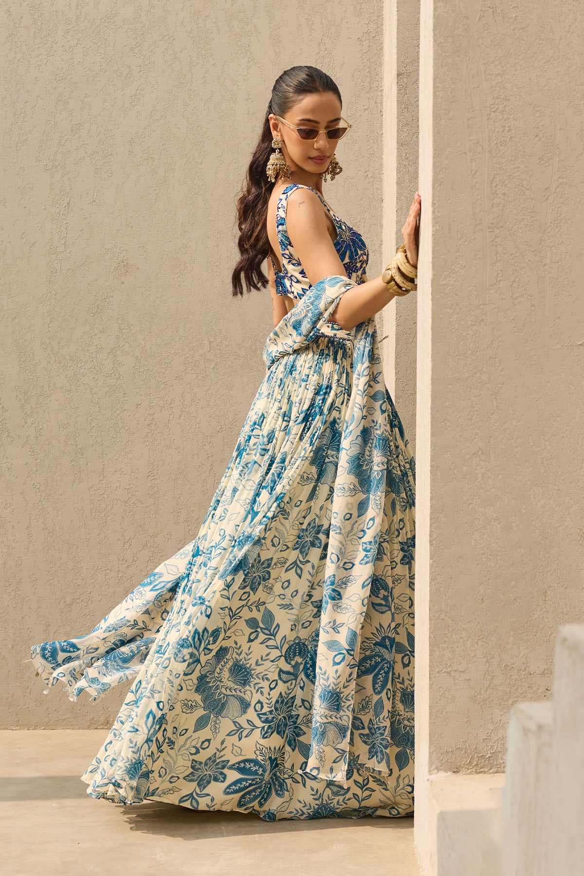 IVORY & BLUE FLORAL PRINTED LEHENGA SET
