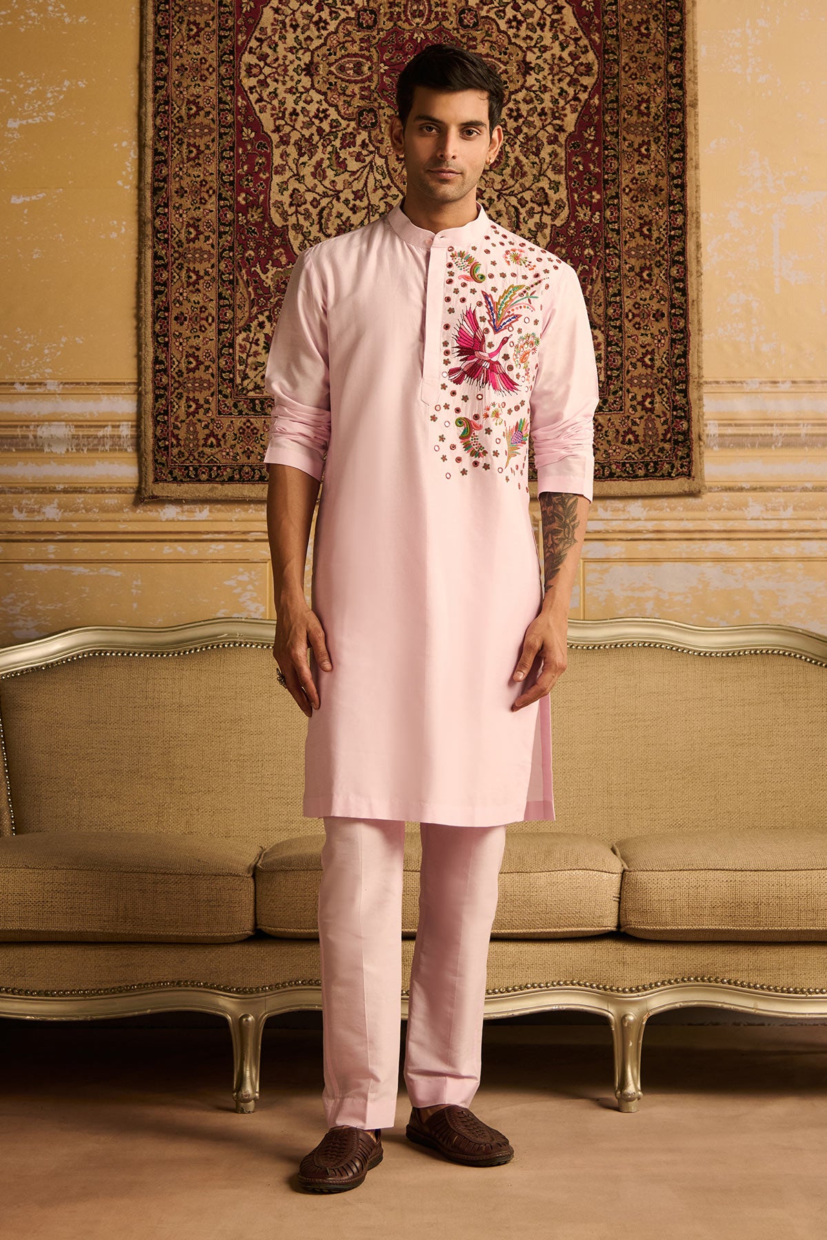 BLUSH PINK COSMIC FLORAL EMBROIDERED KURTA WITH BLUSH PINK PANTS