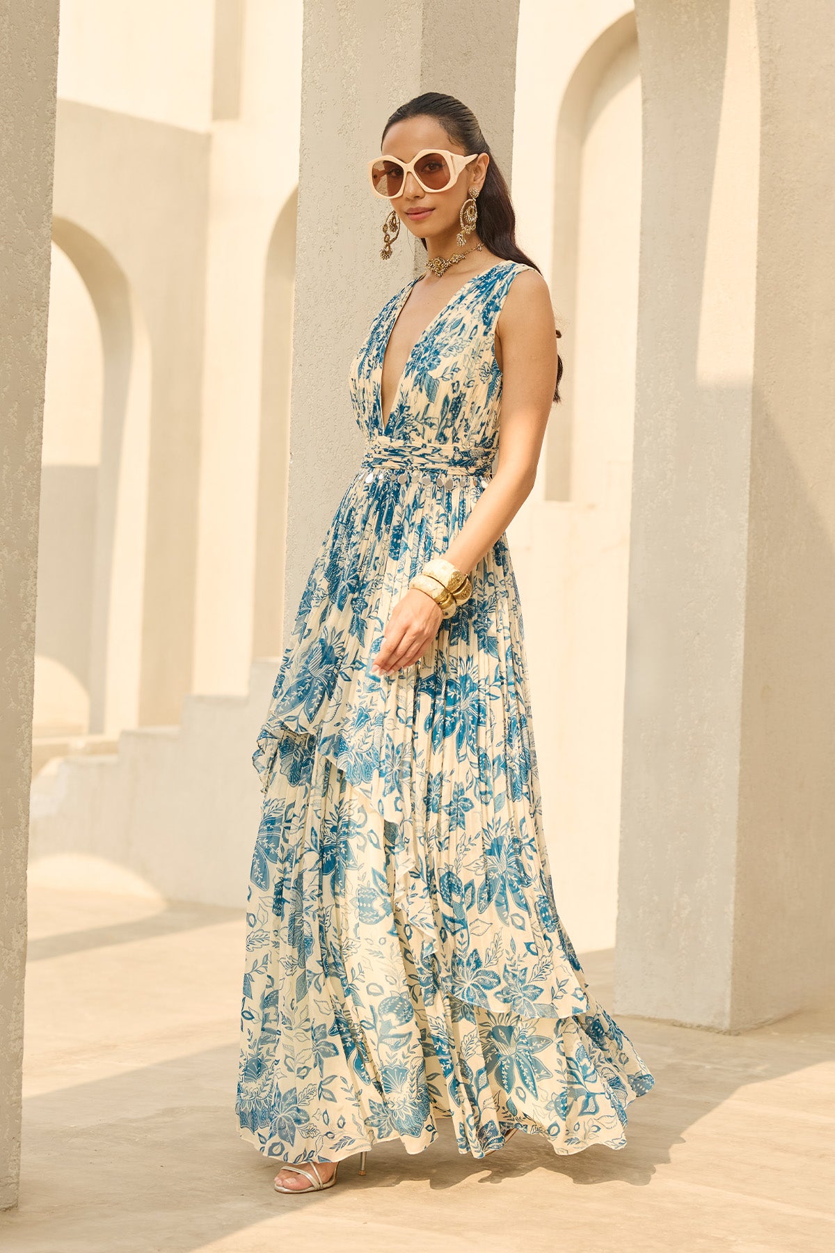 IVORY & BLUE FLORAL PRINTED DRESS