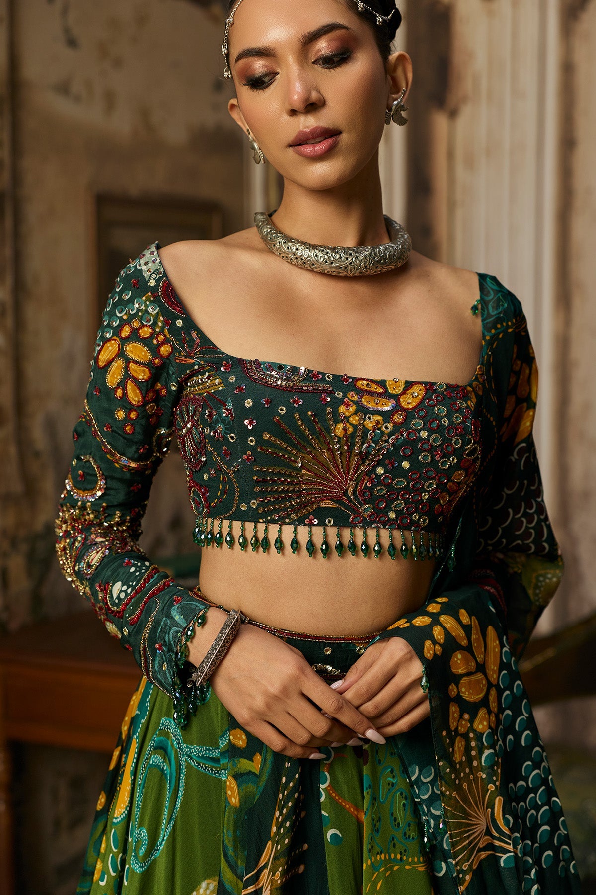 Dark Green Dual Printed And Highlighted Lehenga Set