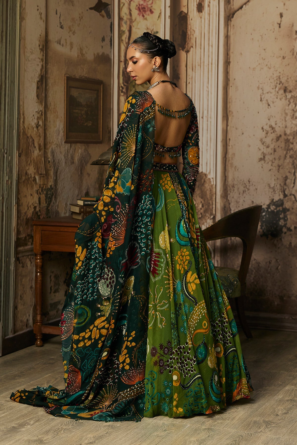 Dark Green Dual Printed And Highlighted Lehenga Set