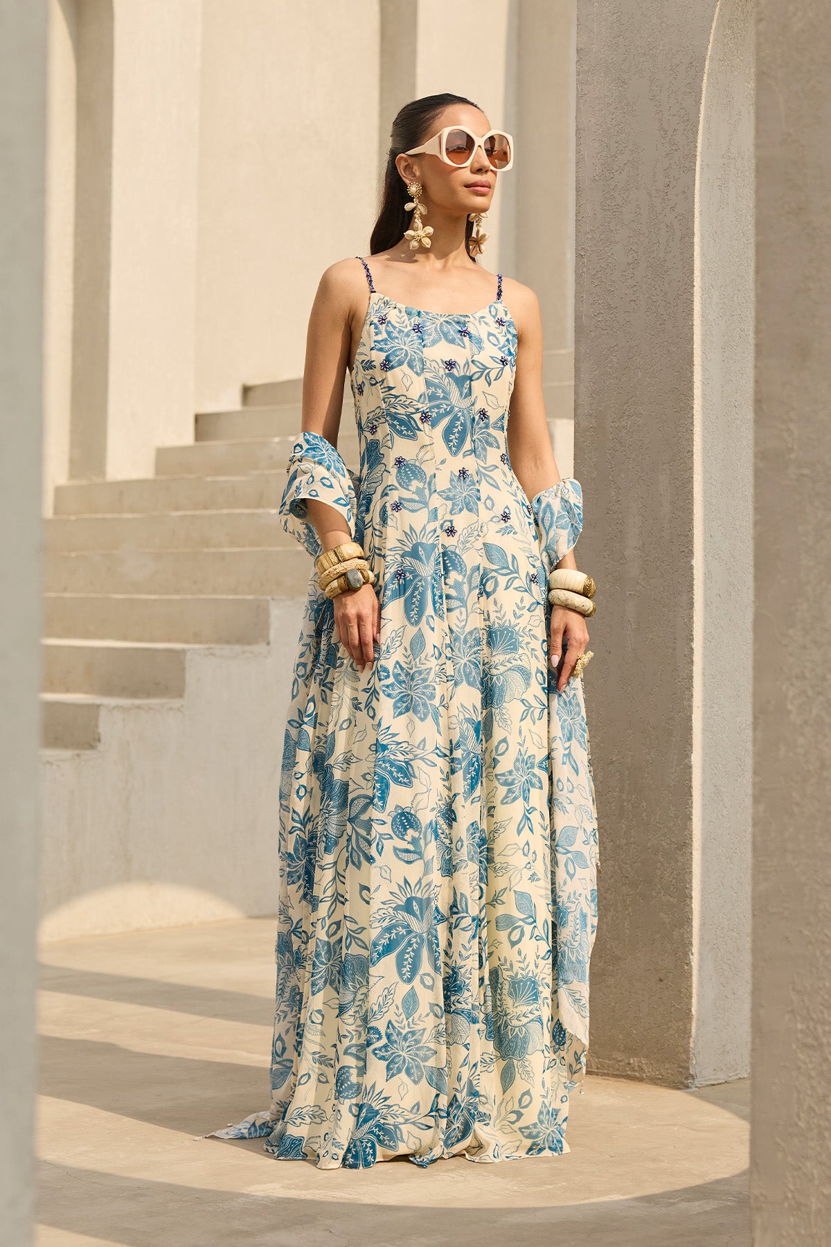 IVORY & BLUE FLORAL PRINTED DRESS