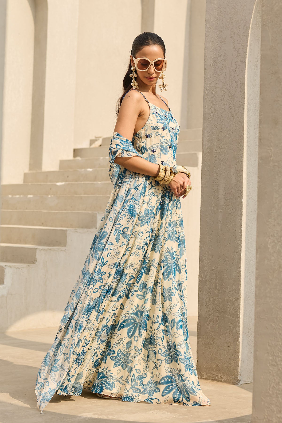 IVORY & BLUE FLORAL PRINTED DRESS