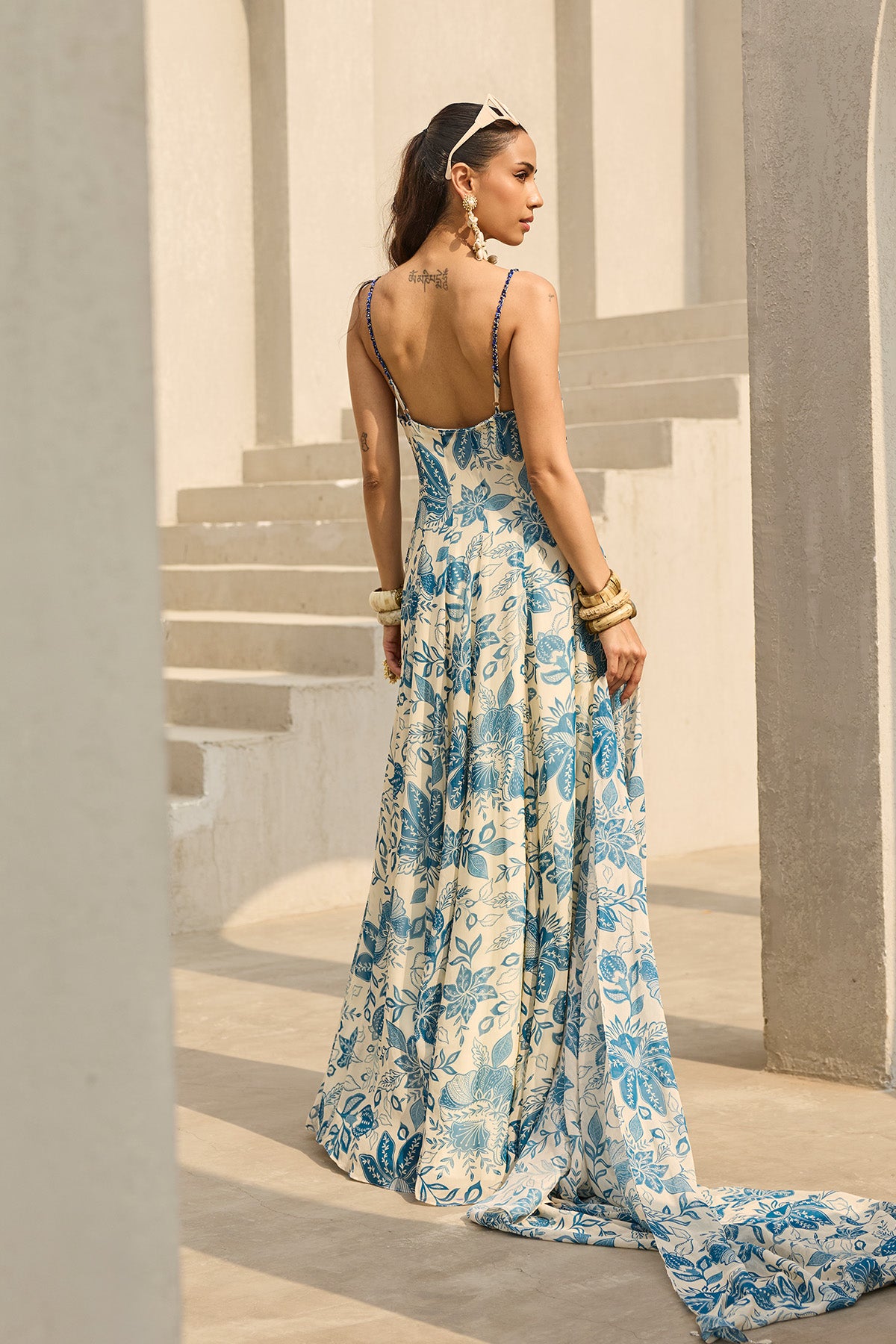 IVORY & BLUE FLORAL PRINTED DRESS