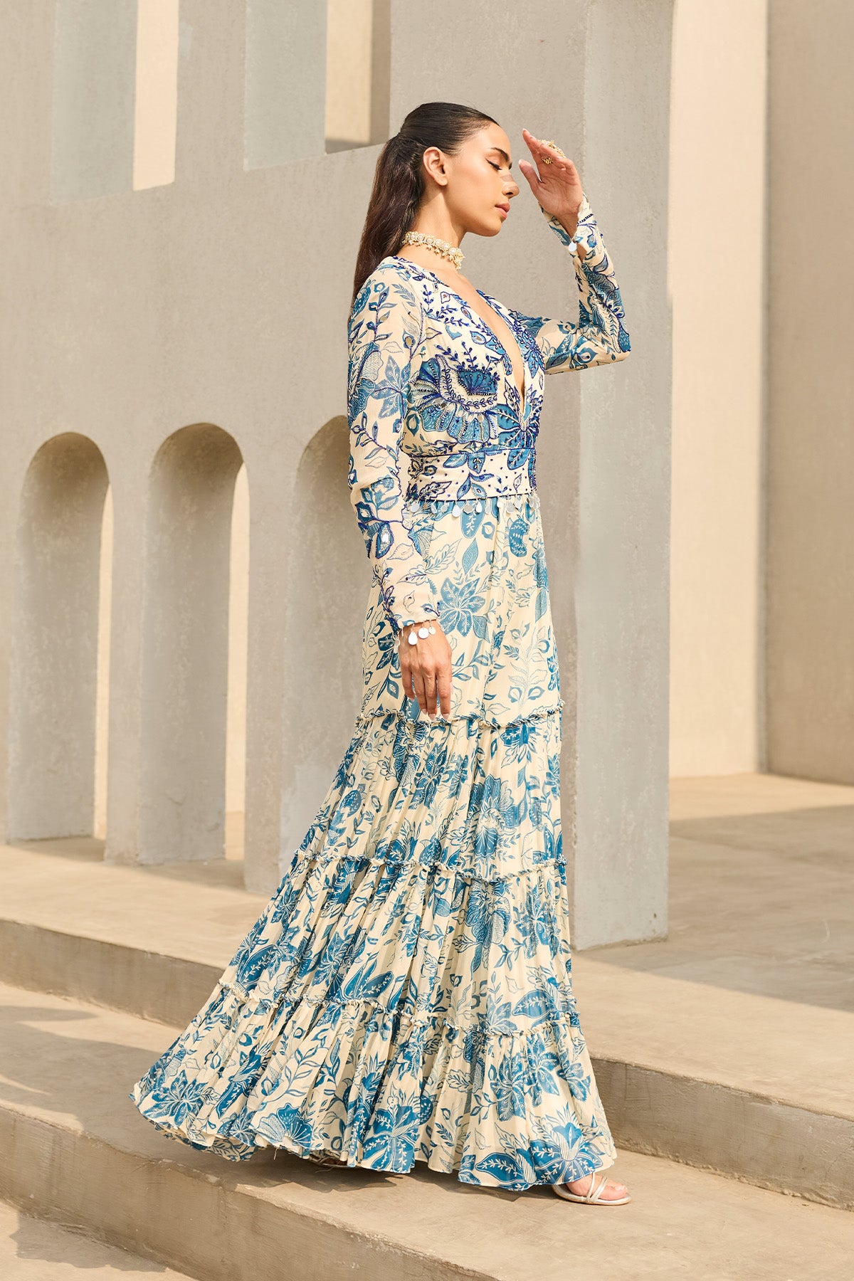 IVORY & BLUE FLORAL PRINTED JUMPSUIT
