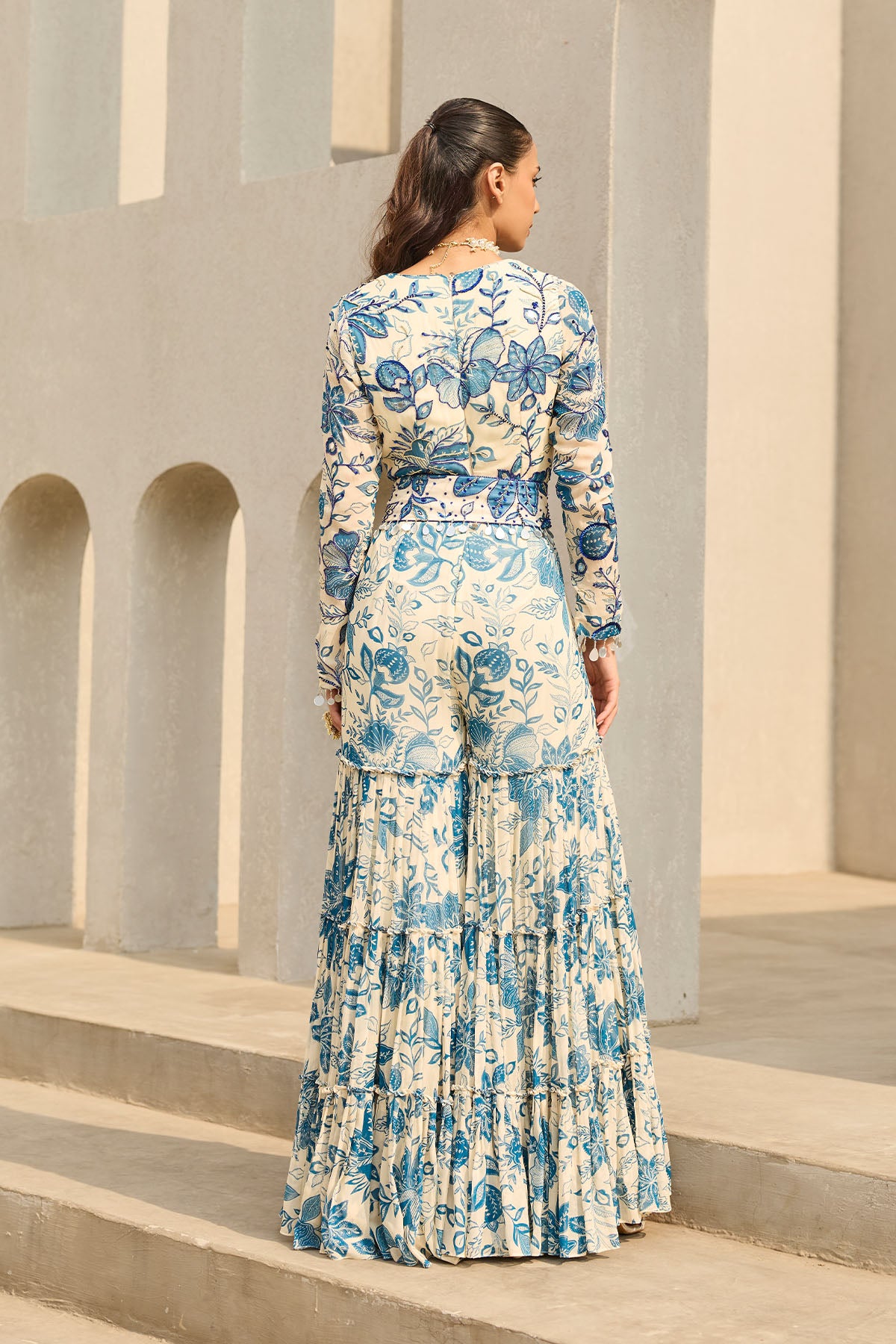 IVORY & BLUE FLORAL PRINTED JUMPSUIT