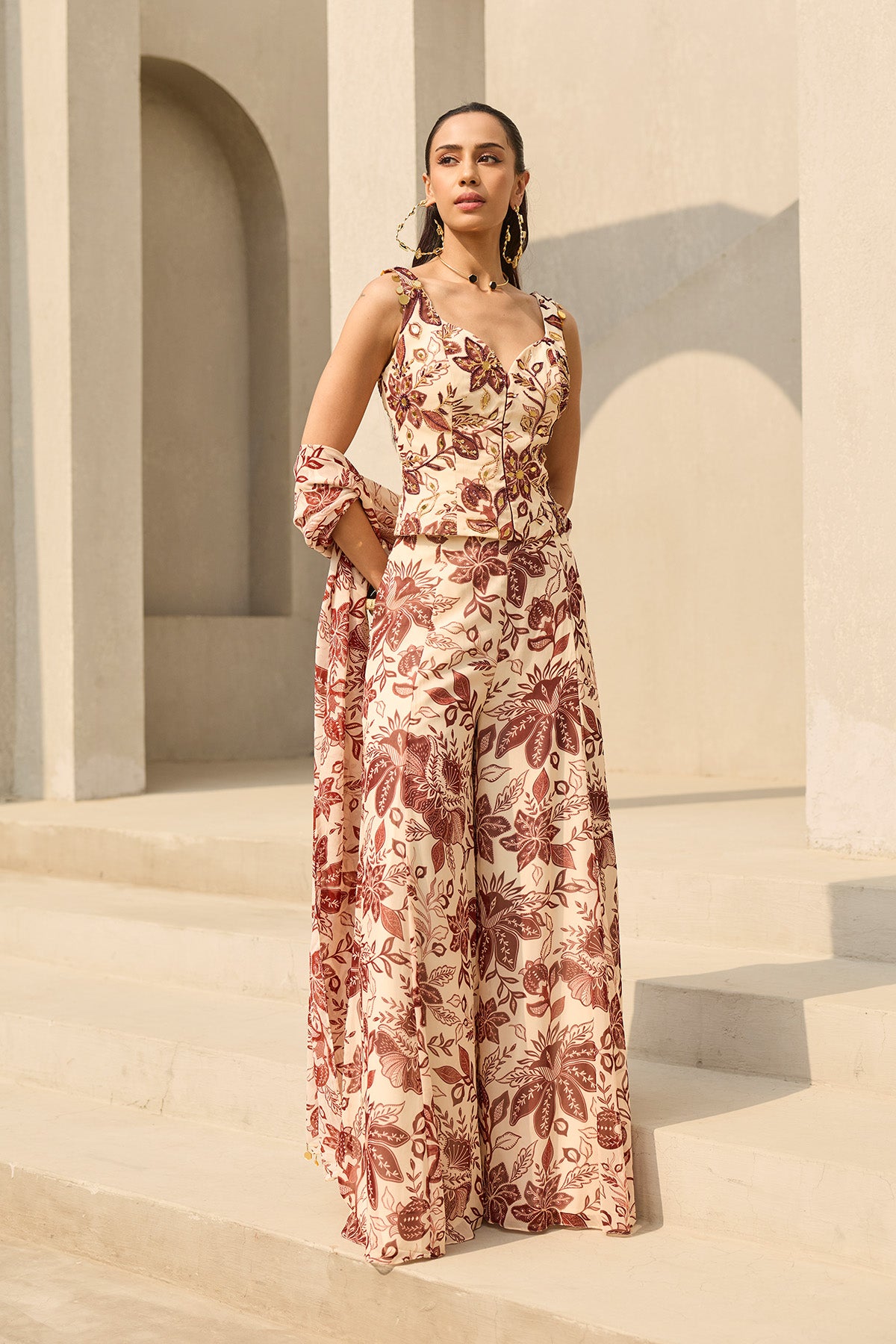 IVORY & MAROON FLORAL PRINTED CO-ORD SET