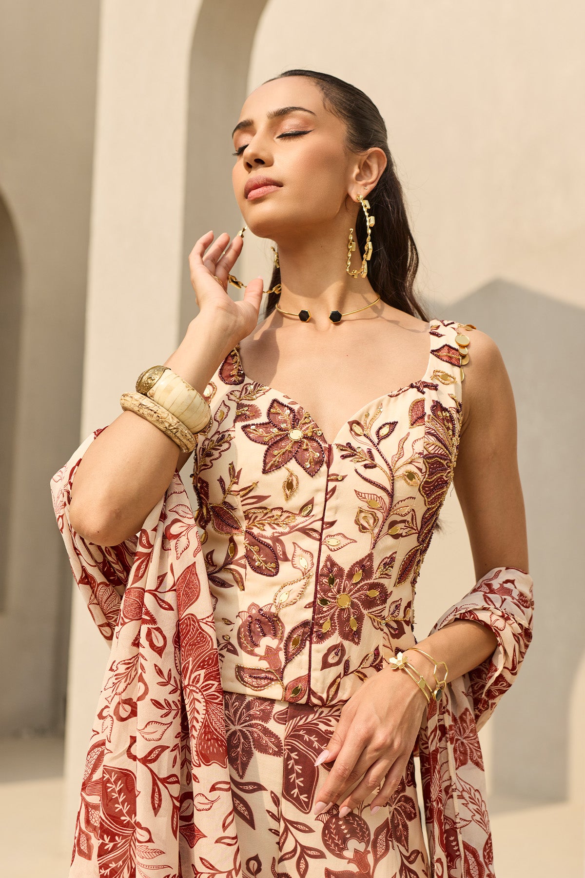 IVORY & MAROON FLORAL PRINTED CO-ORD SET