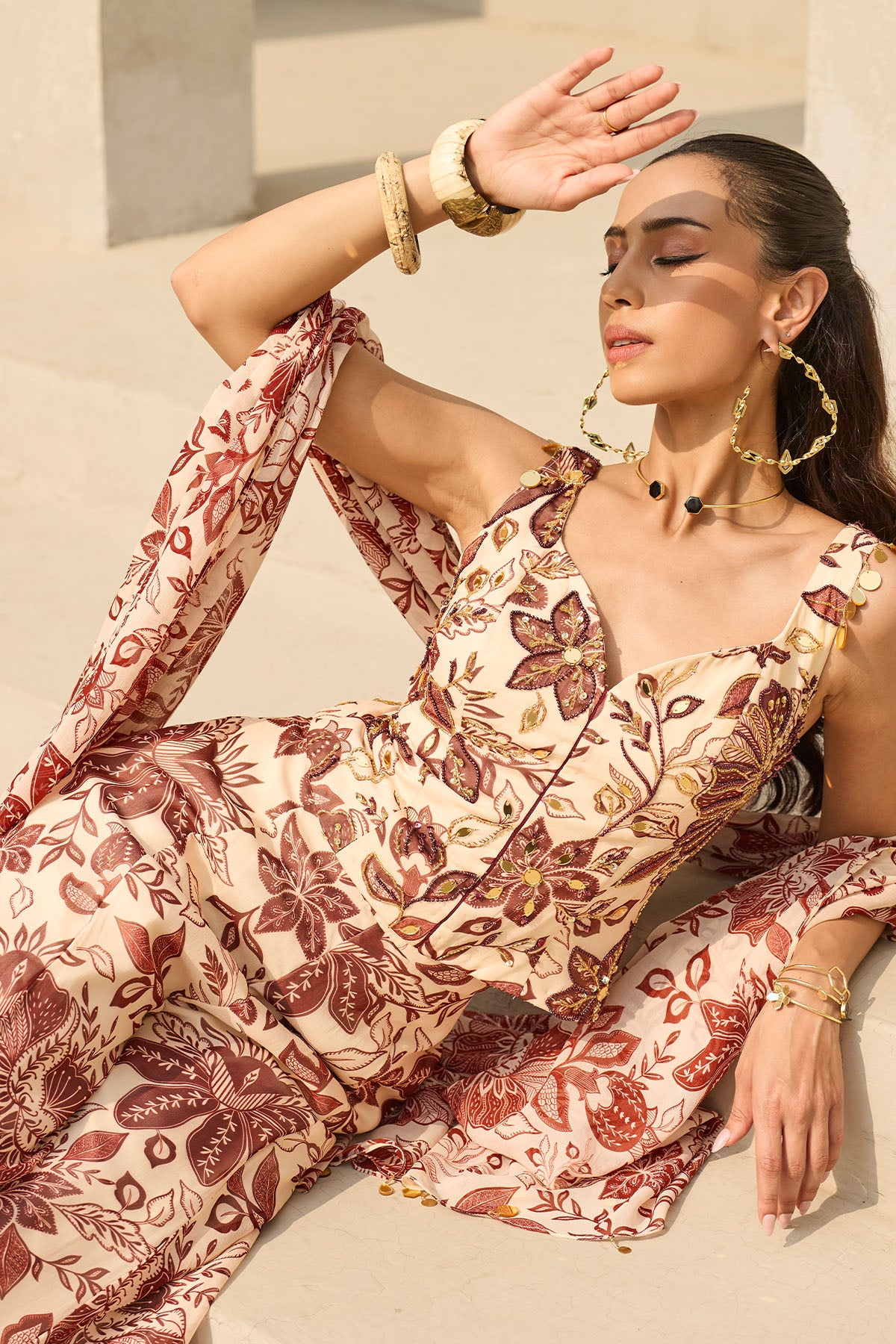 IVORY & MAROON FLORAL PRINTED CO-ORD SET