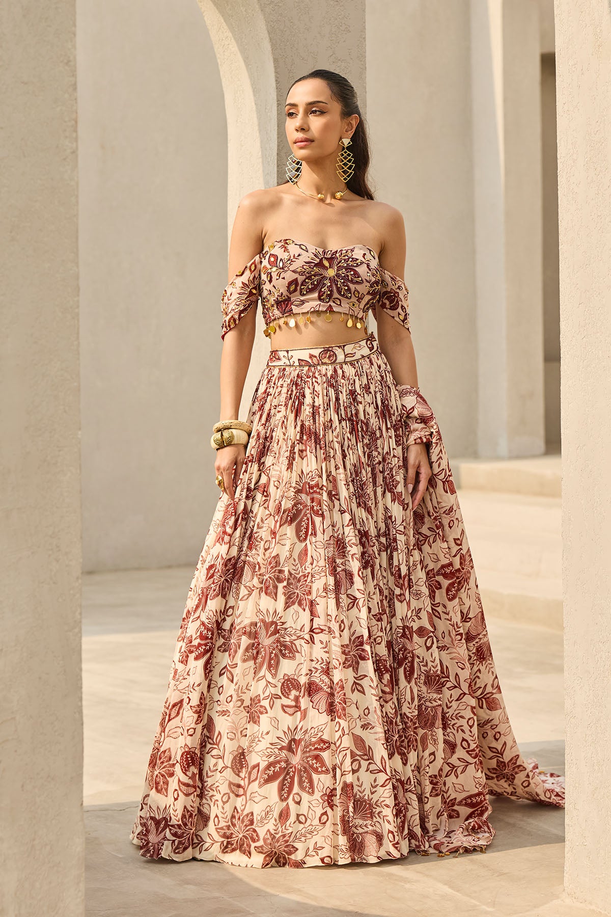 IVORY & MAROON FLORAL PRINTED LEHENGA SET