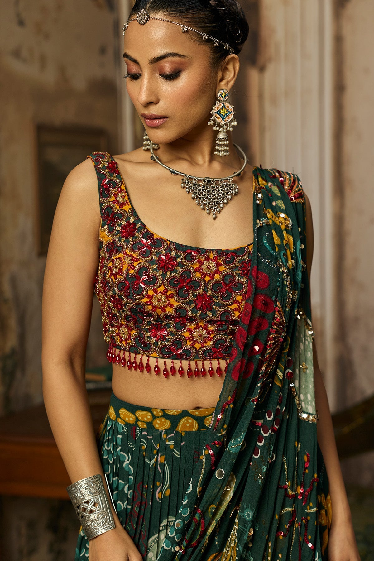 Dark Green Printed And Highlighted Tiered Skirt Saree Set
