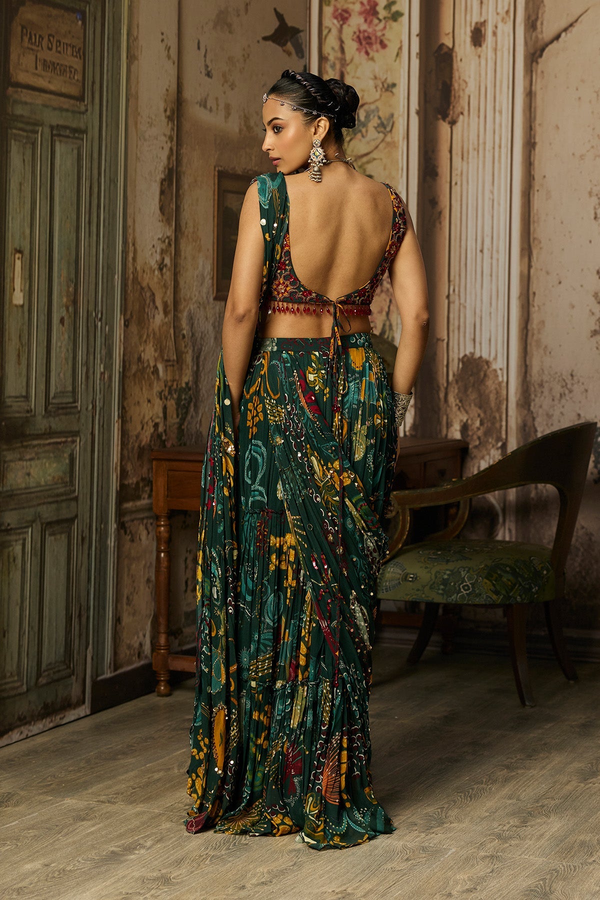 Dark Green Printed And Highlighted Tiered Skirt Saree Set