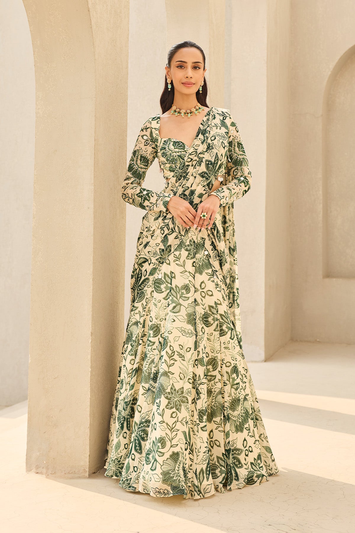 IVORY & GREEN FLORAL PRINTED SAREE SET