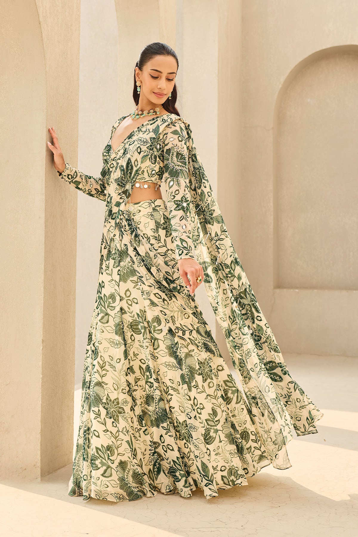 IVORY & GREEN FLORAL PRINTED SAREE SET