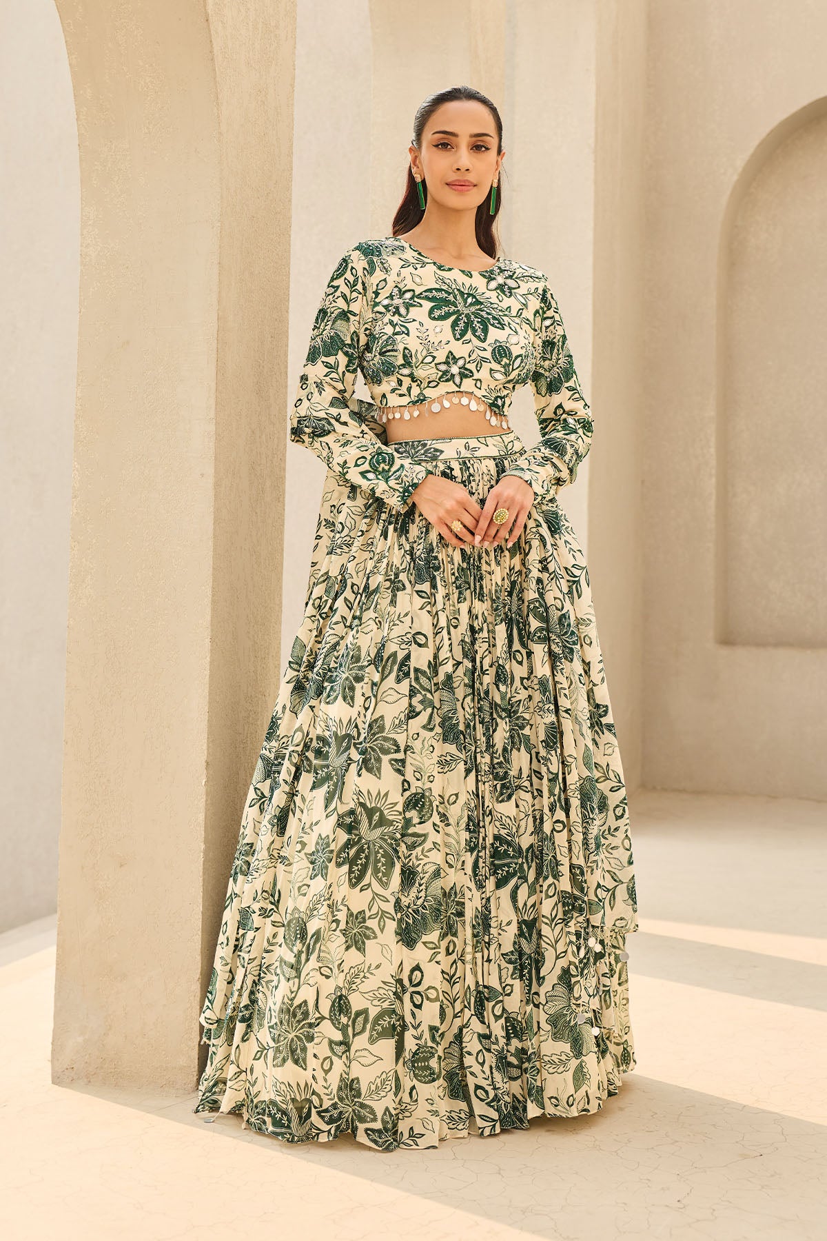 IVORY & GREEN FLORAL PRINTED LEHENGA SET