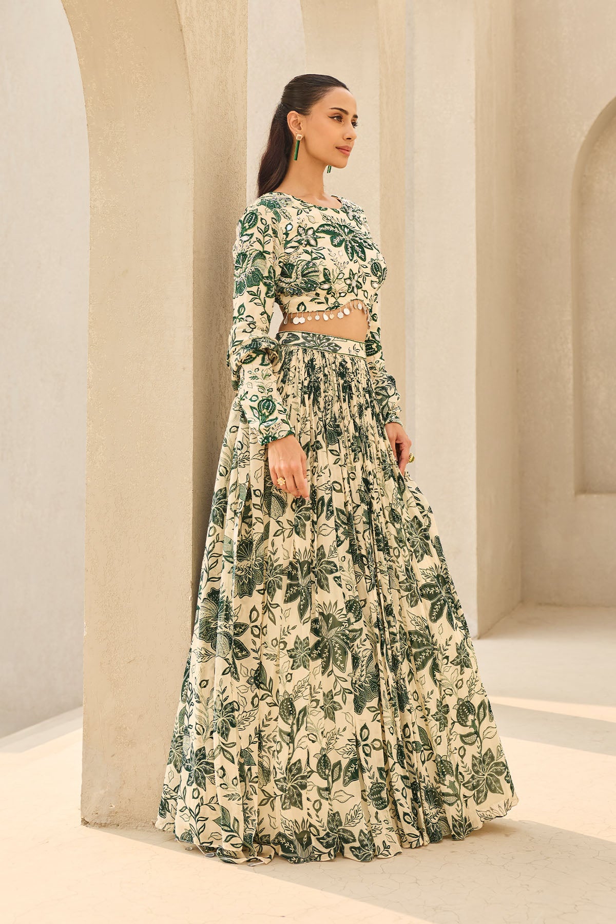 IVORY & GREEN FLORAL PRINTED LEHENGA SET
