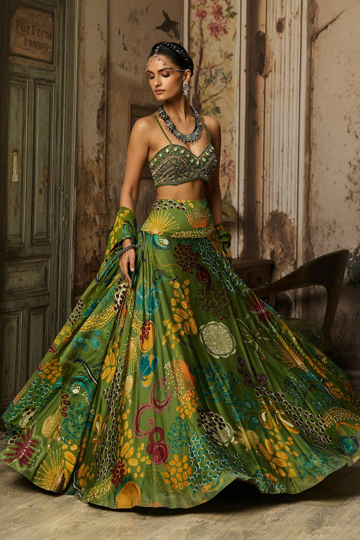 Pear Green Embroidered Blouse And Cowl Skirt Set