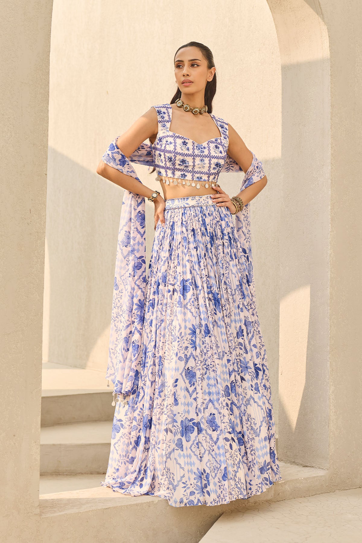 IVORY & BLUE ABSTRACT FLORAL PRINTED LEHENGA SET