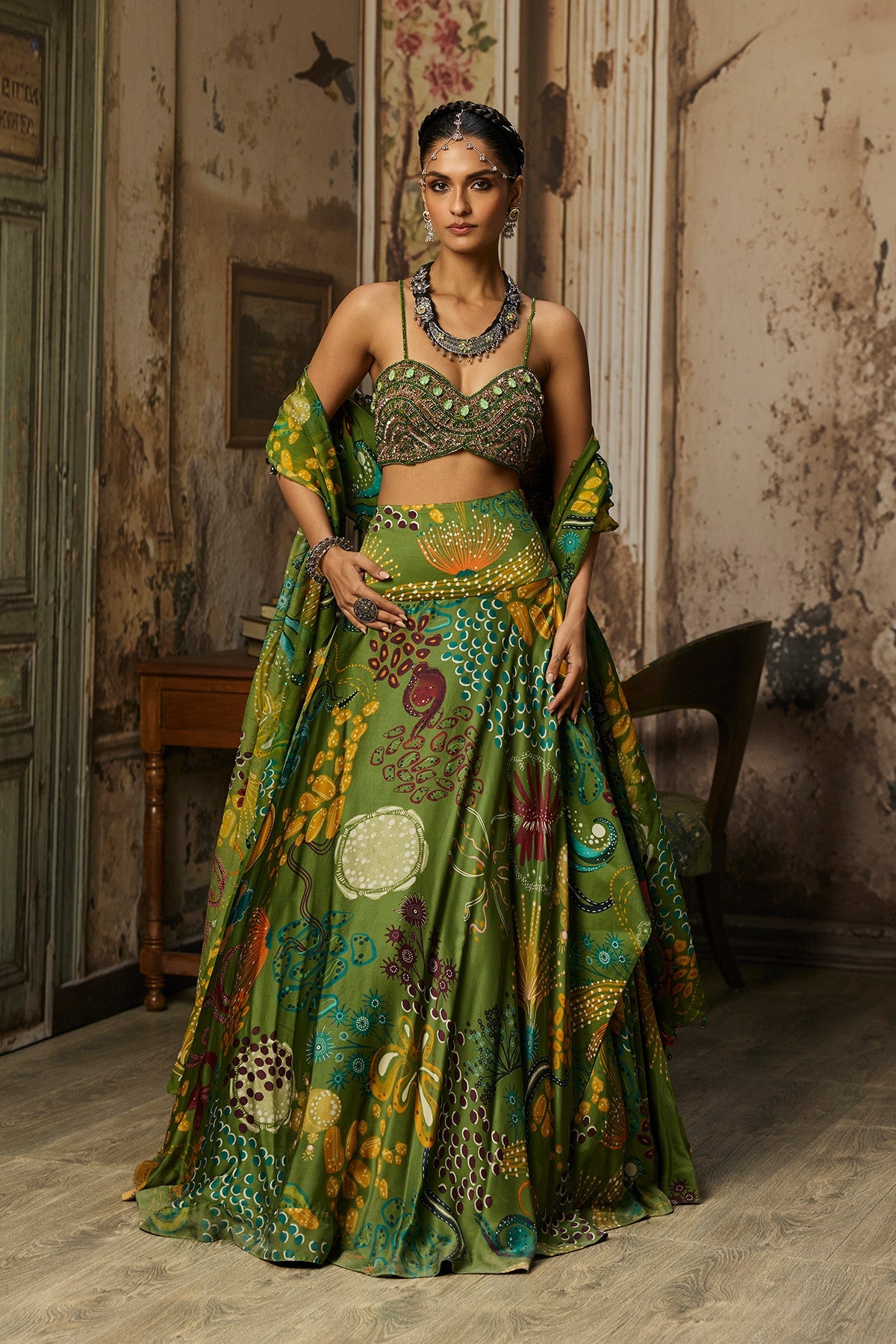 Pear Green Embroidered Blouse And Cowl Skirt Set