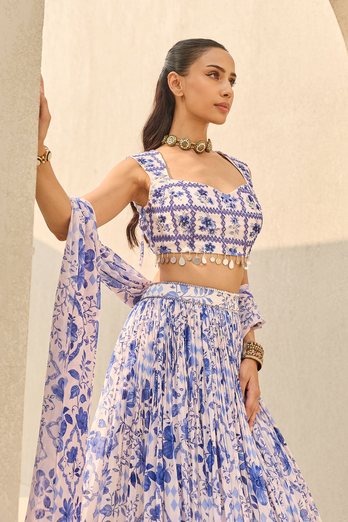IVORY & BLUE ABSTRACT FLORAL PRINTED LEHENGA SET