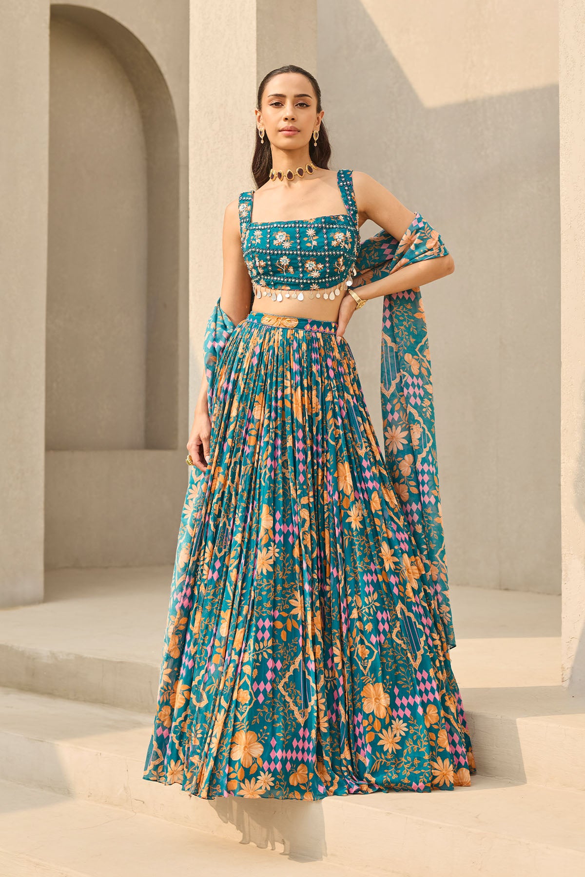TEAL ABSTRACT FLORAL PRINTED LEHENGA SET