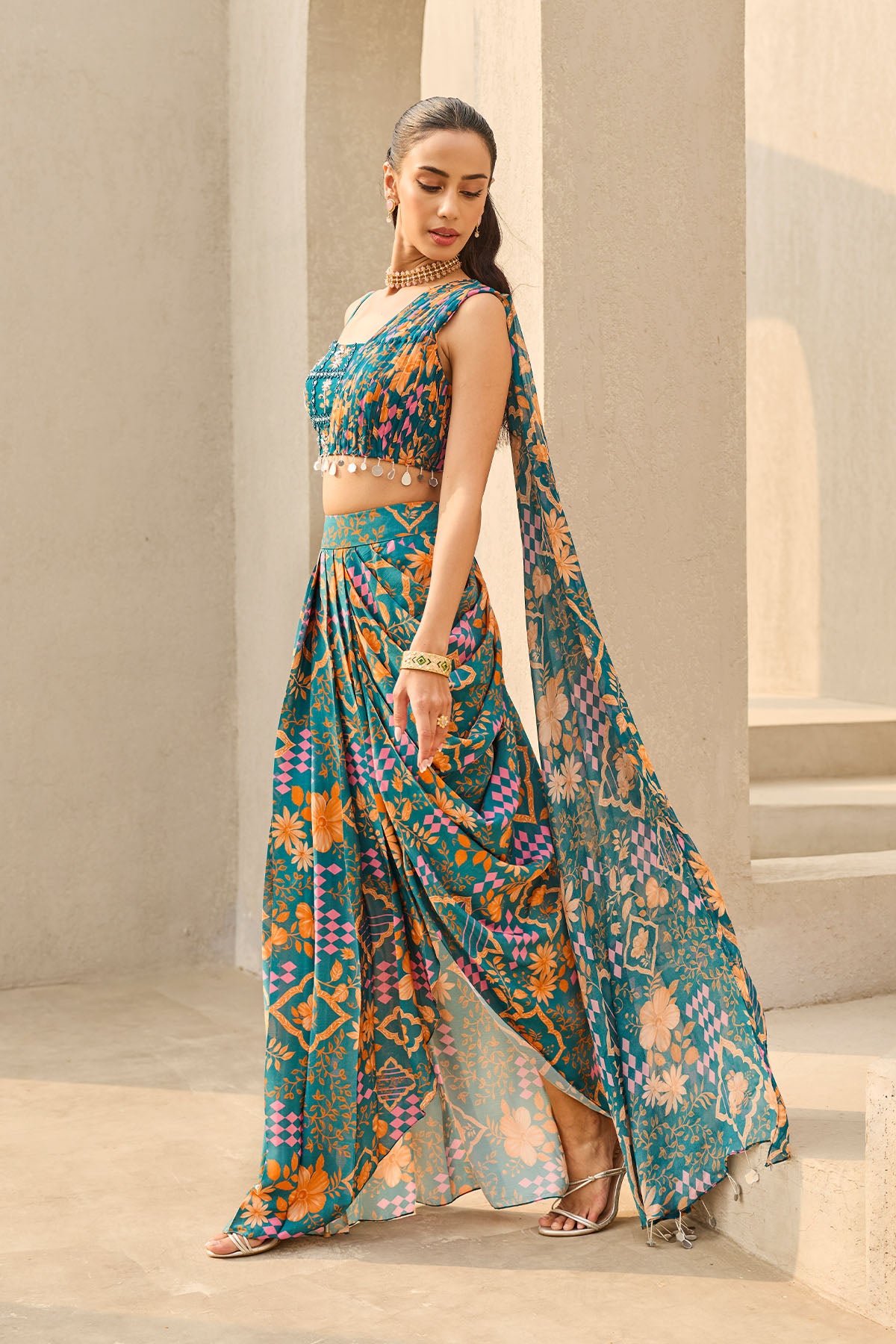 TEAL ABSTRACT FLORAL PRINTED CROP TOP & SKIRT SET