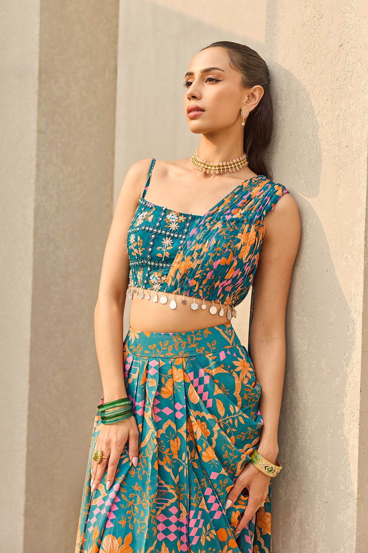 TEAL ABSTRACT FLORAL PRINTED CROP TOP & SKIRT SET