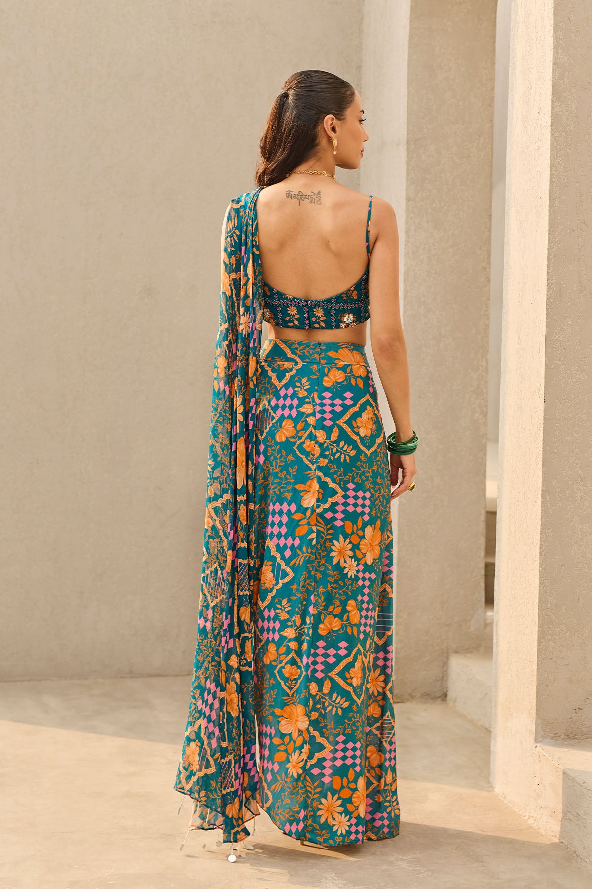 TEAL ABSTRACT FLORAL PRINTED CROP TOP & SKIRT SET