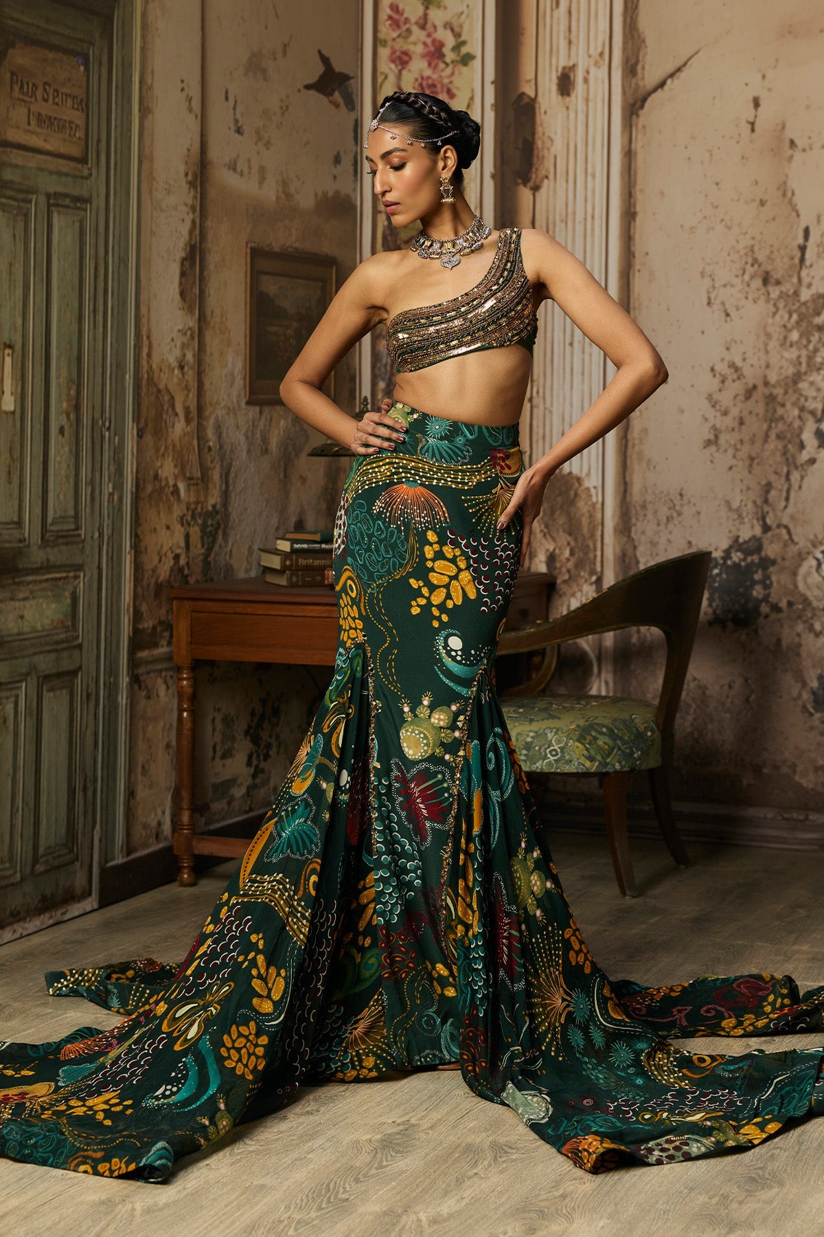 Dark Green Embroidered Blouse And Fishtail Skirt Set
