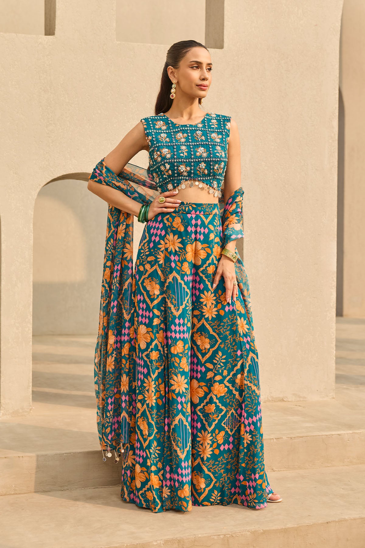 TEAL ABSTRACT FLORAL PRINTED SHARARA SET