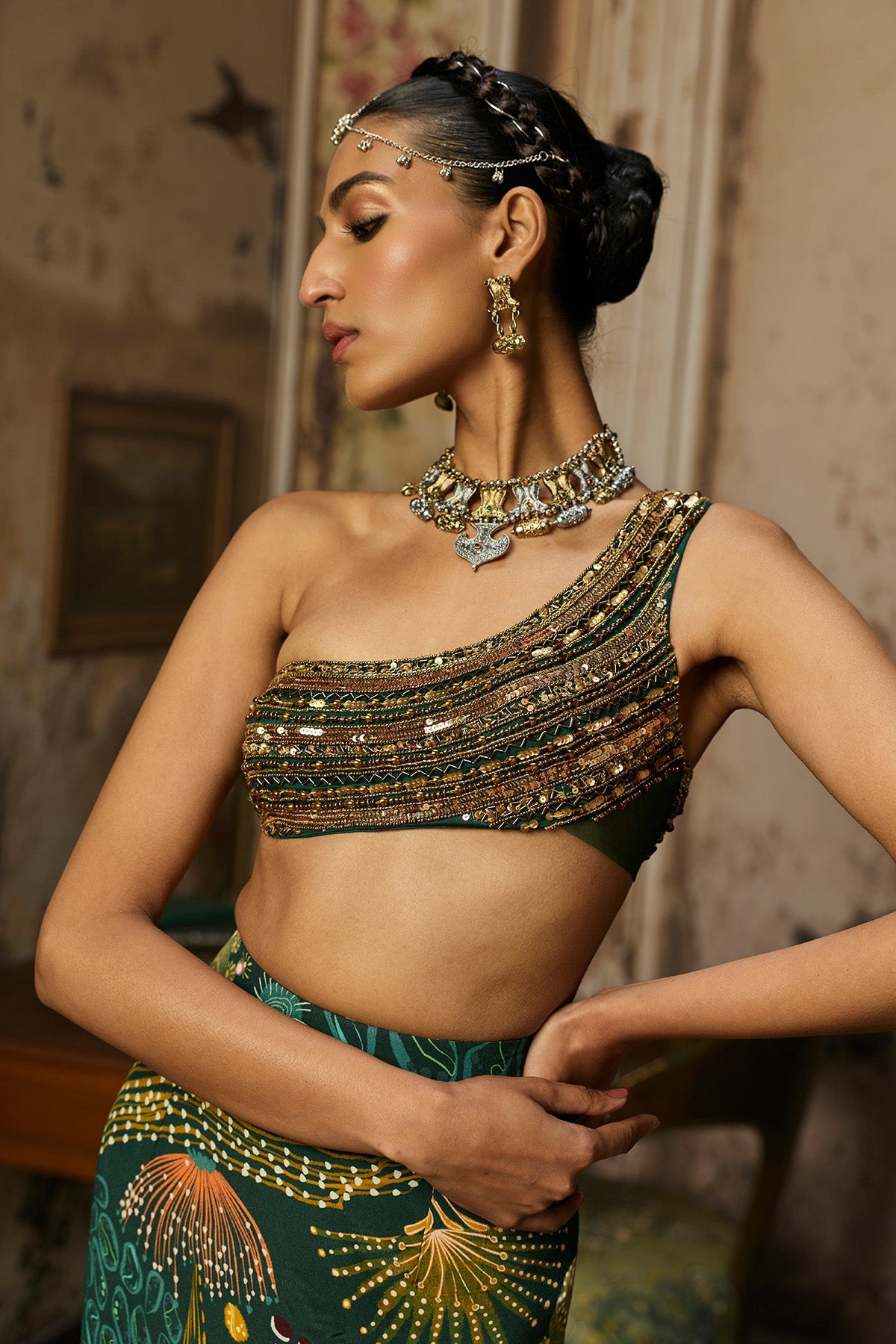 Dark Green Embroidered Blouse And Fishtail Skirt Set