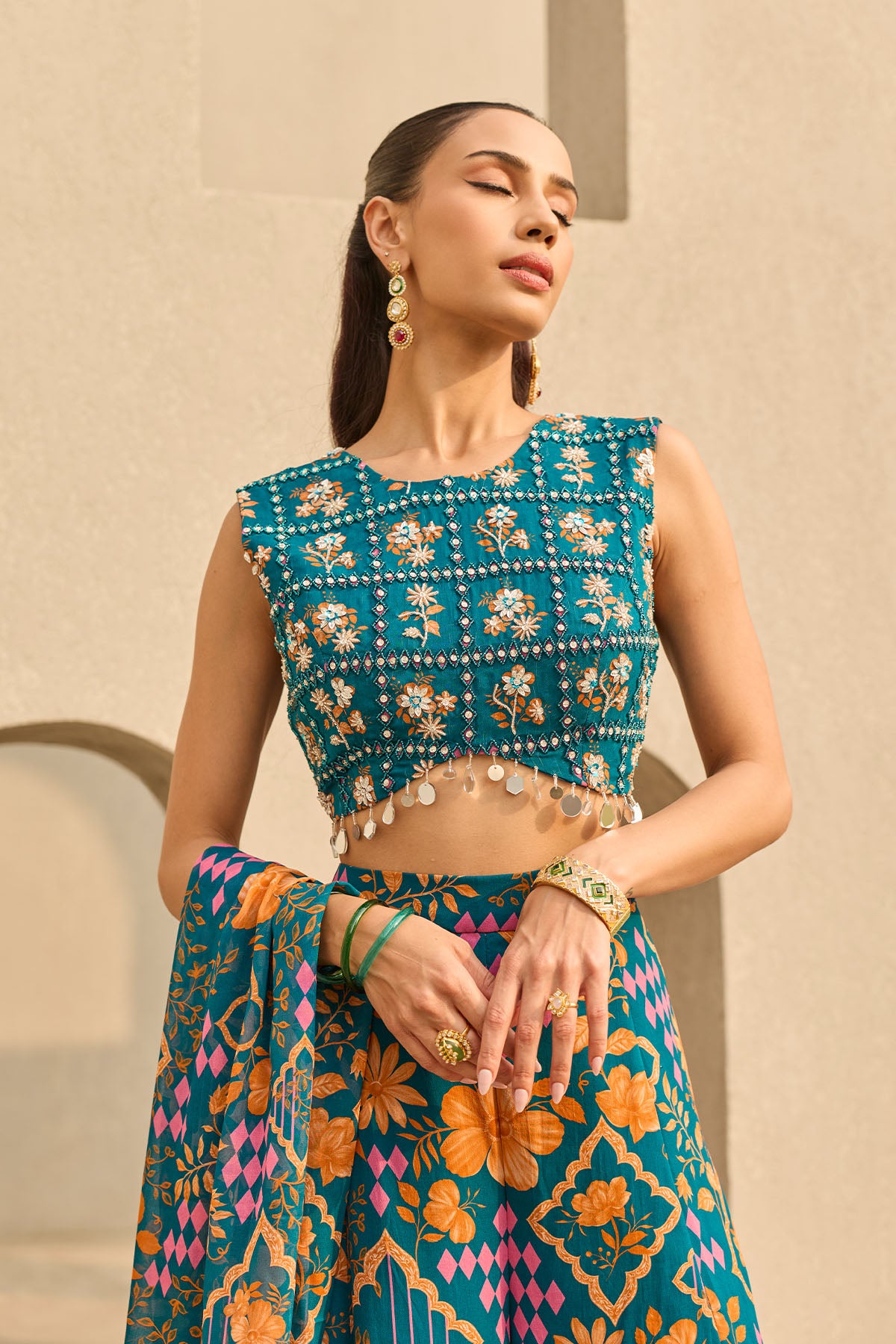 TEAL ABSTRACT FLORAL PRINTED SHARARA SET