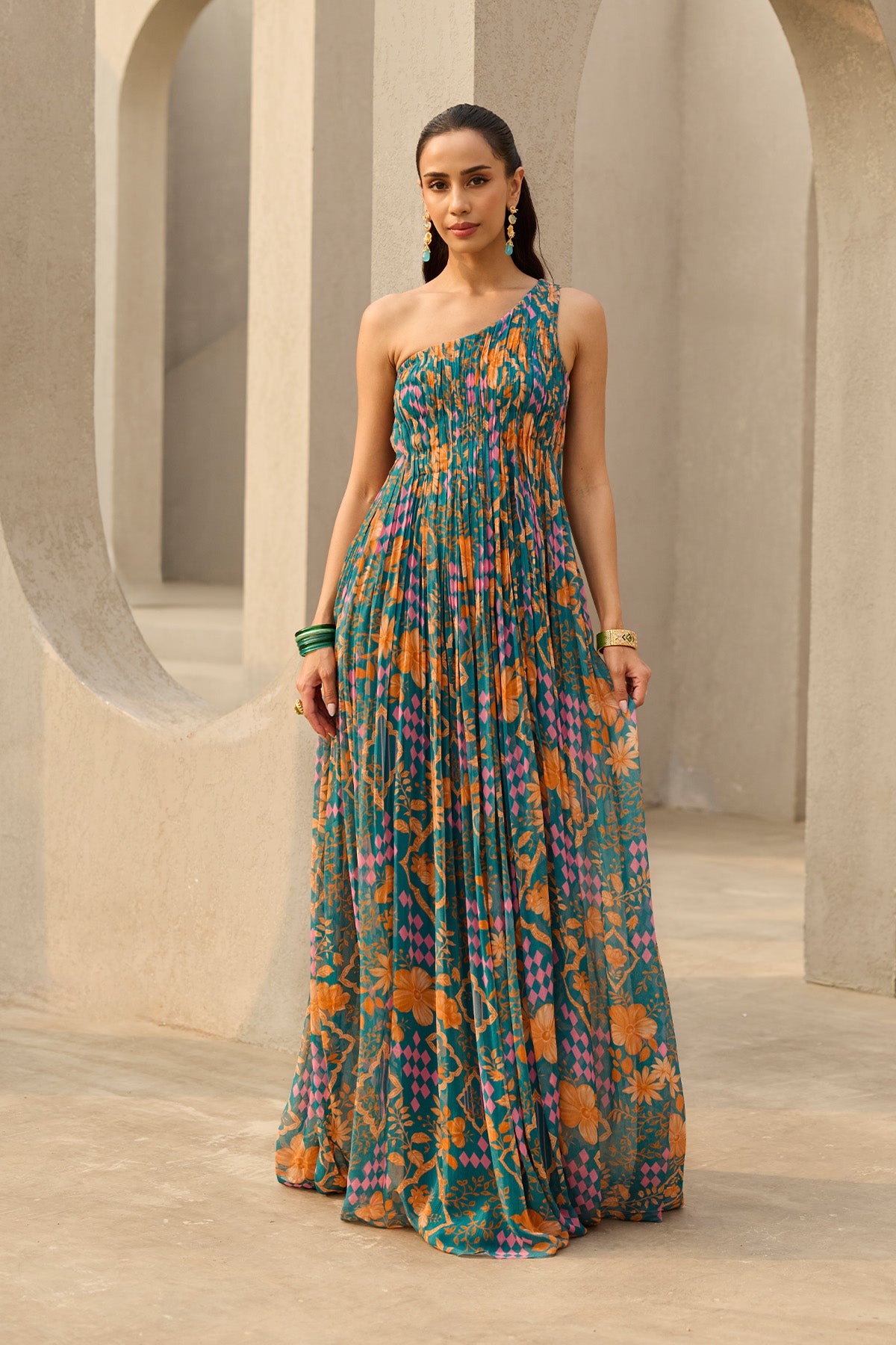 TEAL ABSTRACT FLORAL PRINTED DRESS