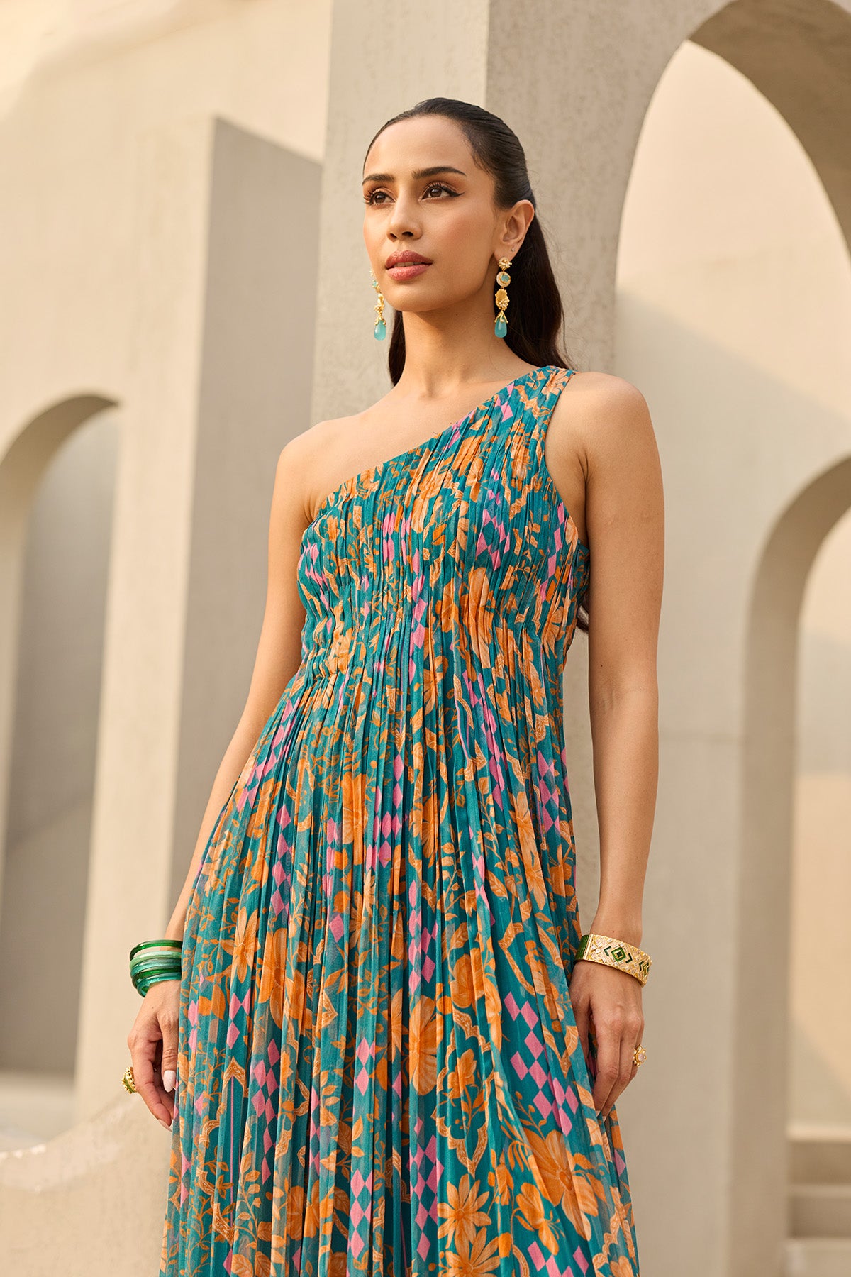 TEAL ABSTRACT FLORAL PRINTED DRESS