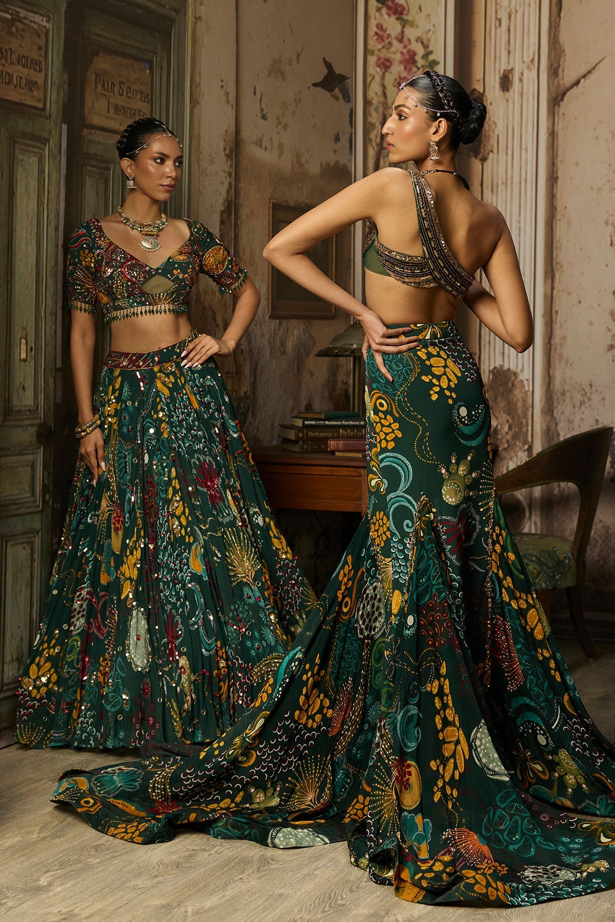Dark Green Embroidered Blouse And Fishtail Skirt Set