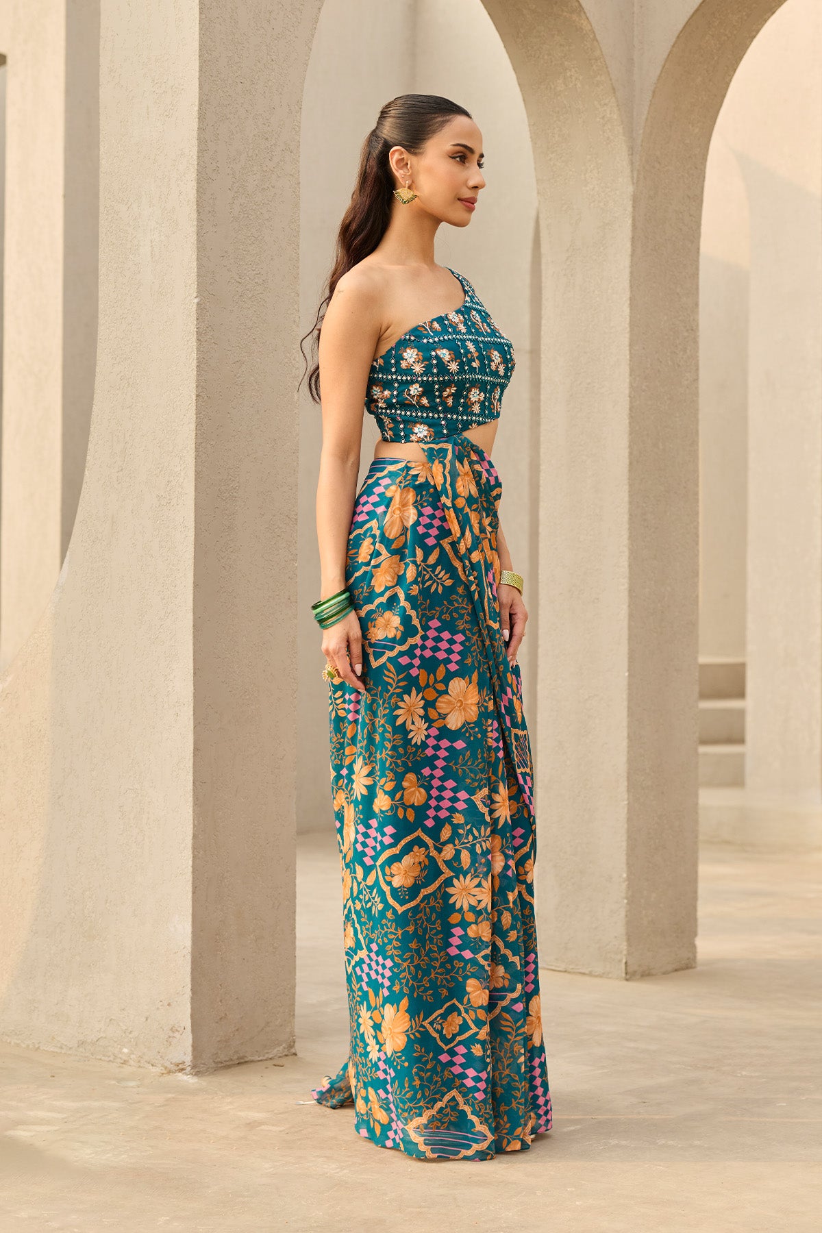 TEAL ABSTRACT FLORAL PRINTED SAREE SET