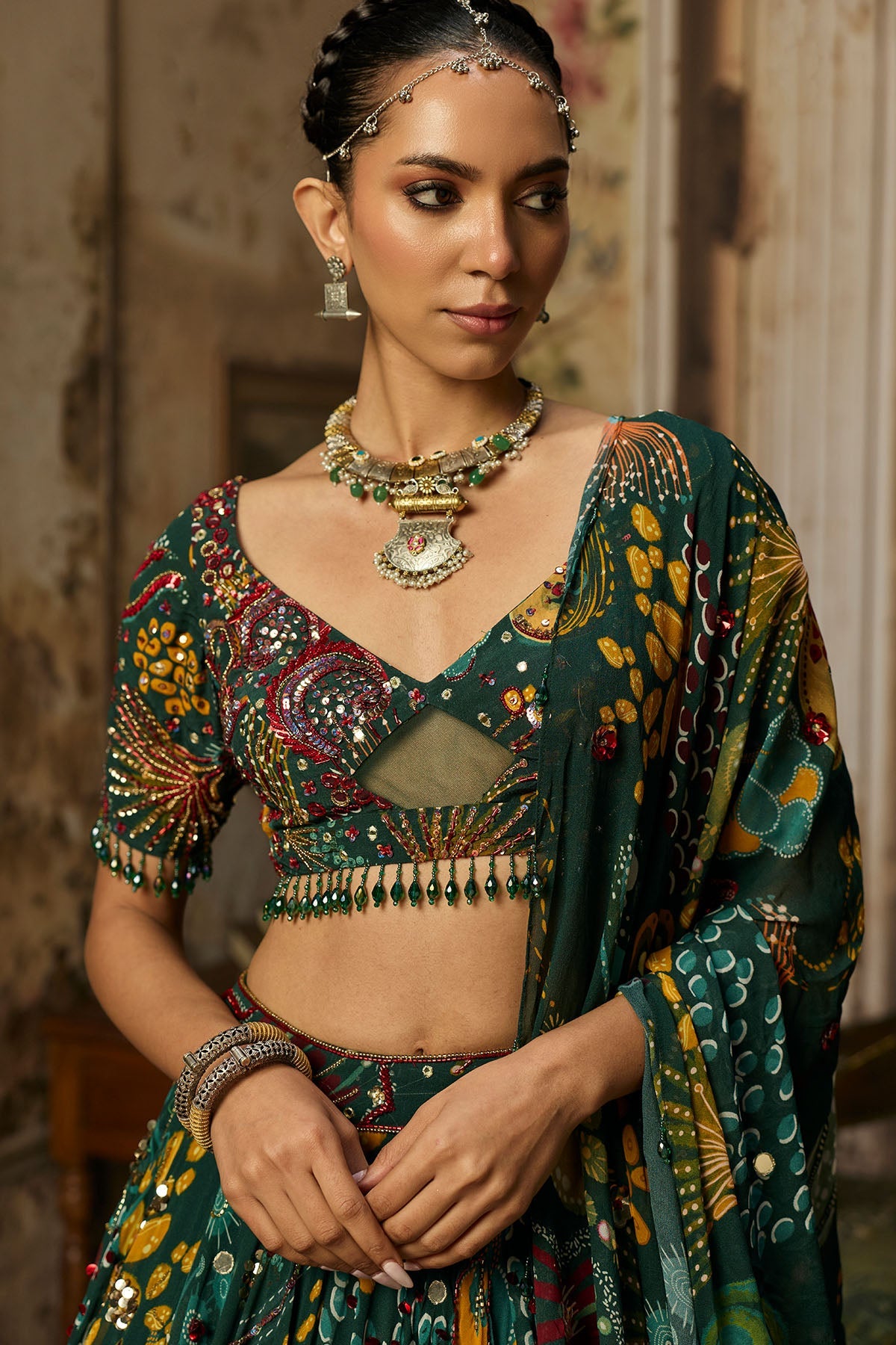 Dark Green Printed And Highlighted Lehenga Set