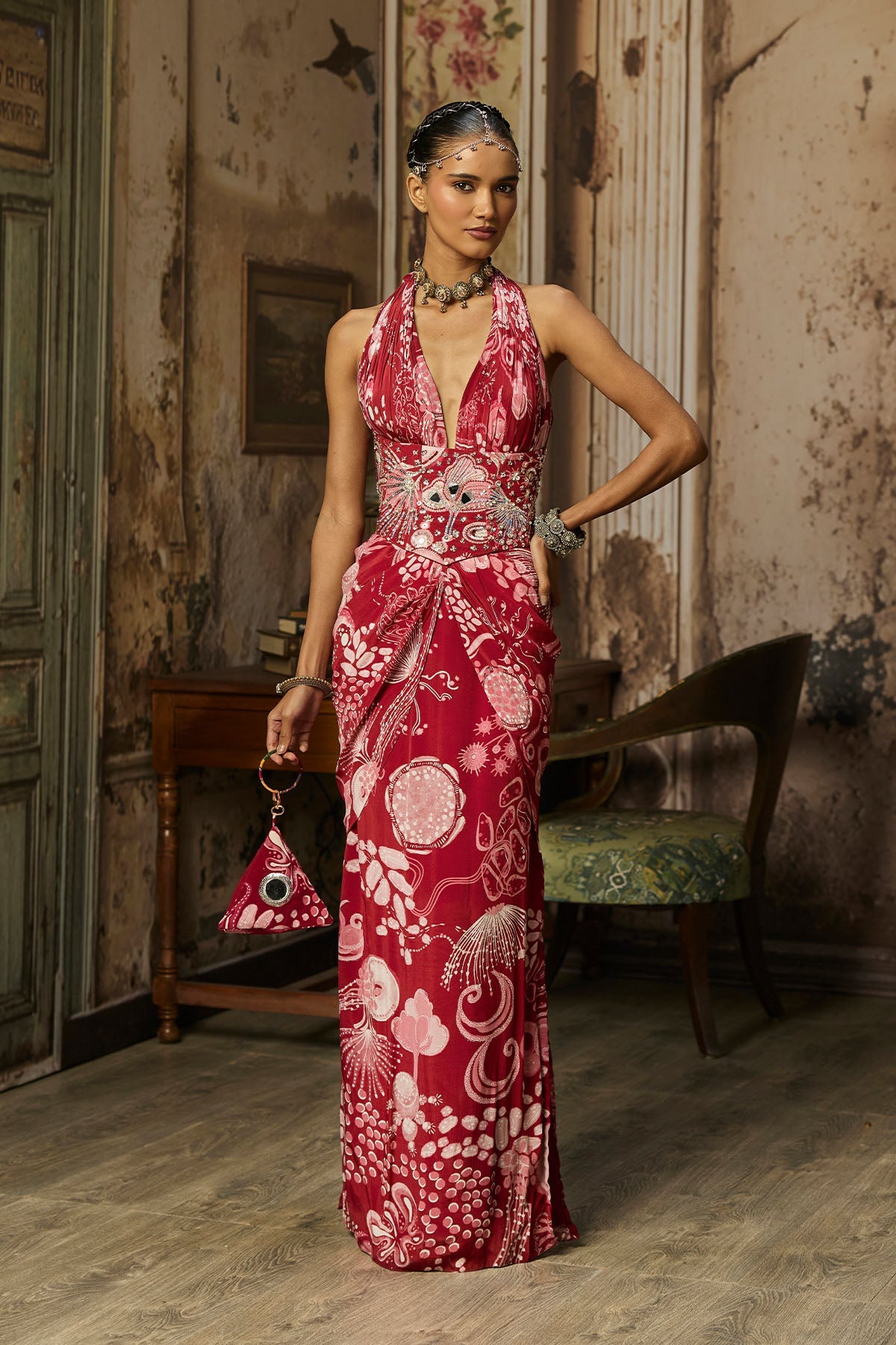 Scarlet Red Printed Slit Dress With Highlighted Corset Belt