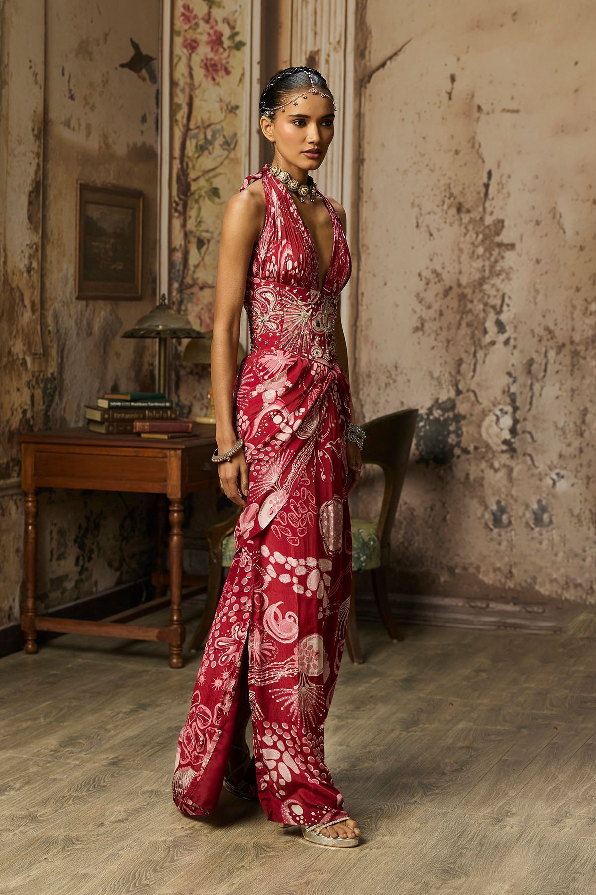 Scarlet Red Printed Slit Dress With Highlighted Corset Belt