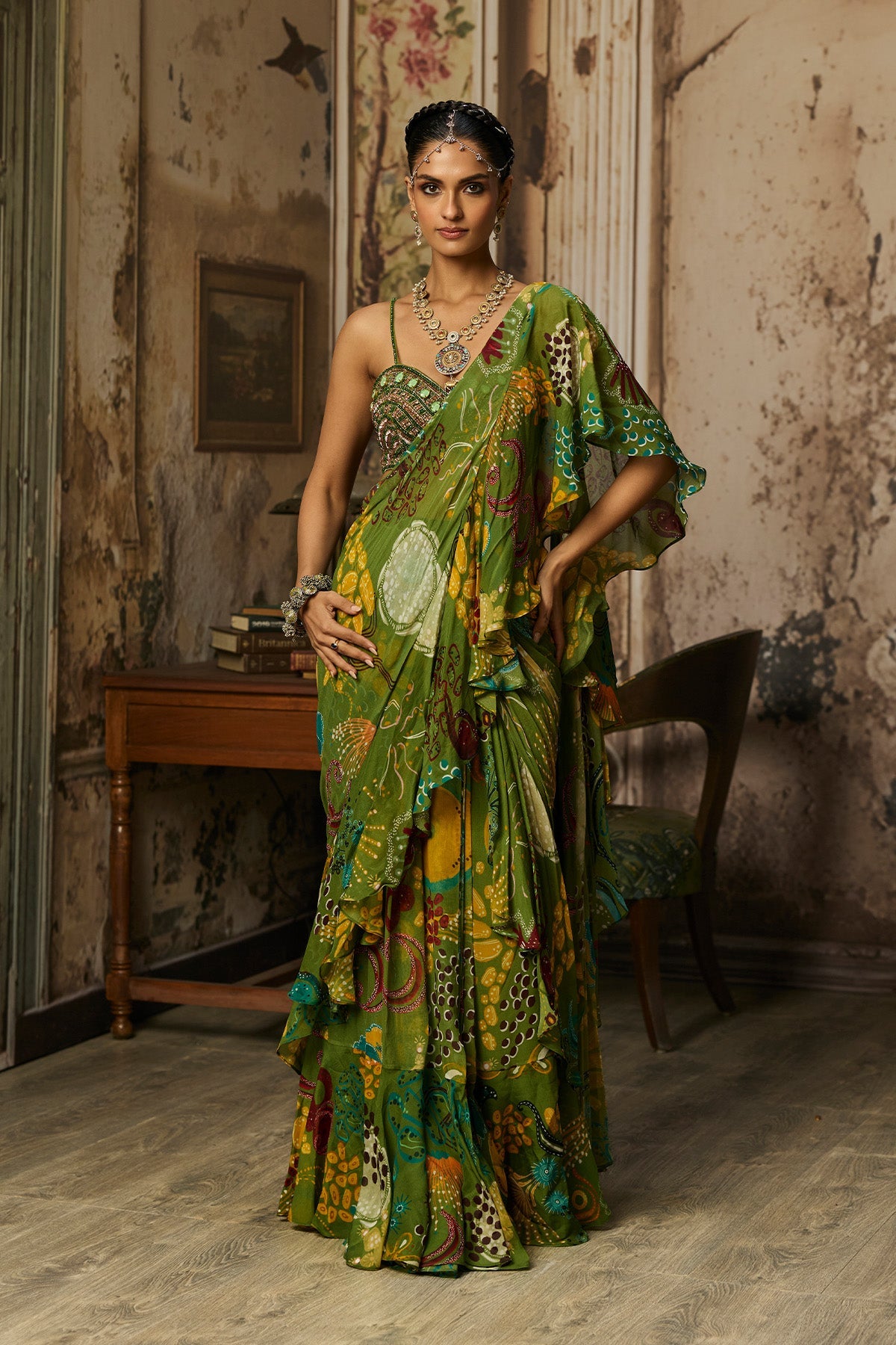 Pear Green Printed And Highlighted Ruffle Skirt Saree Set