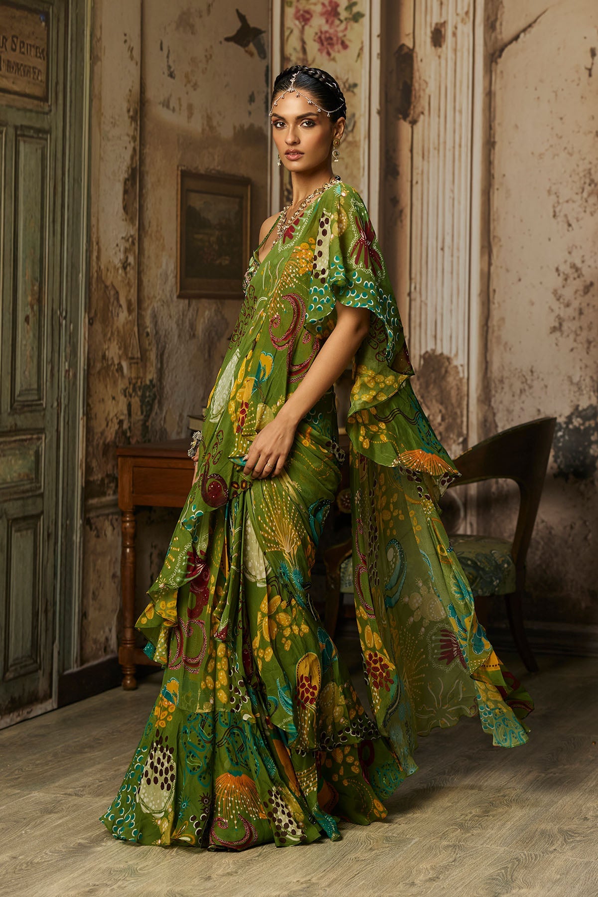 Pear Green Printed And Highlighted Ruffle Skirt Saree Set